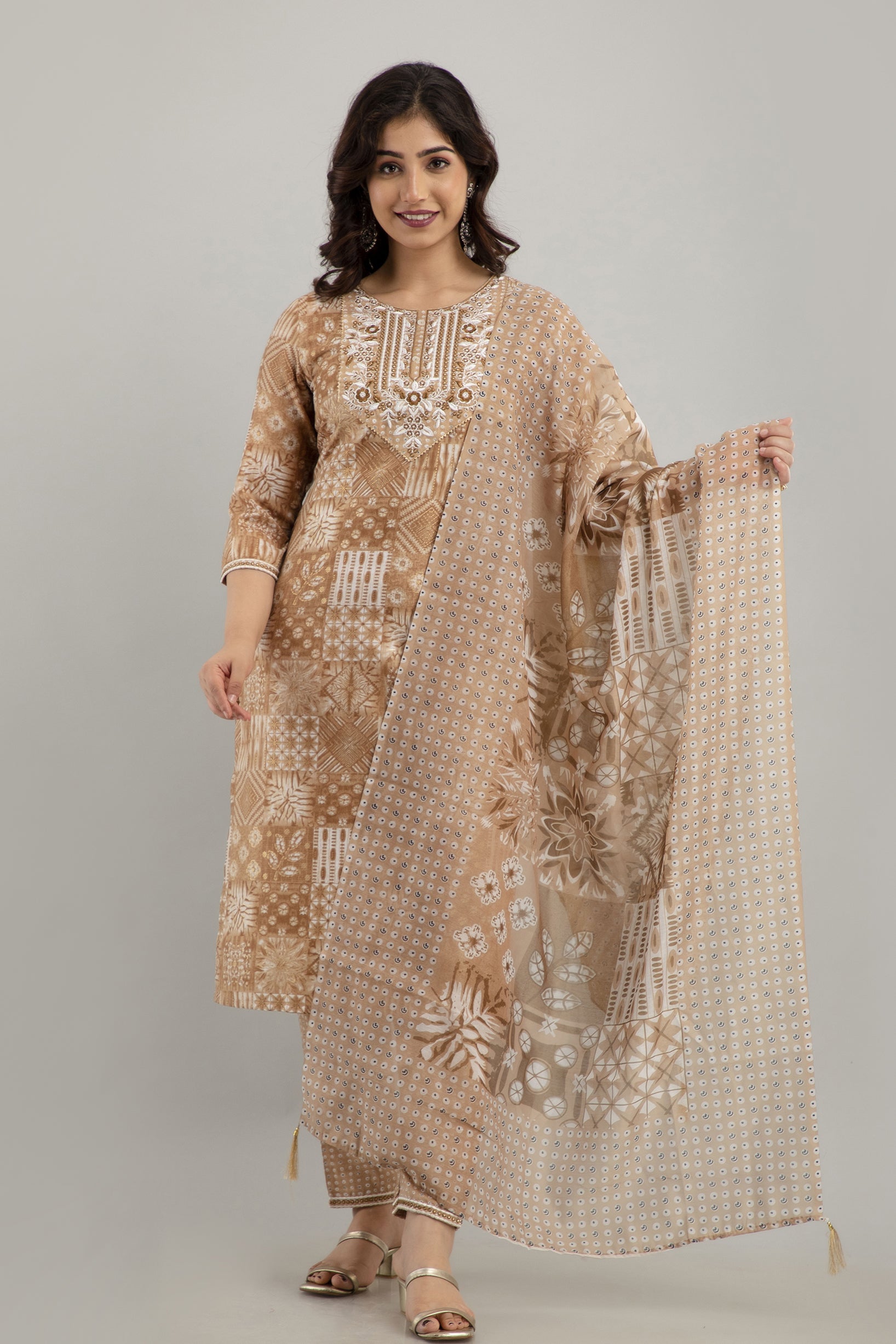 Women's Digital Print & Embroidered Cotton Blend Straight Kurta Pant & Dupatta Set (Brown) - Charu