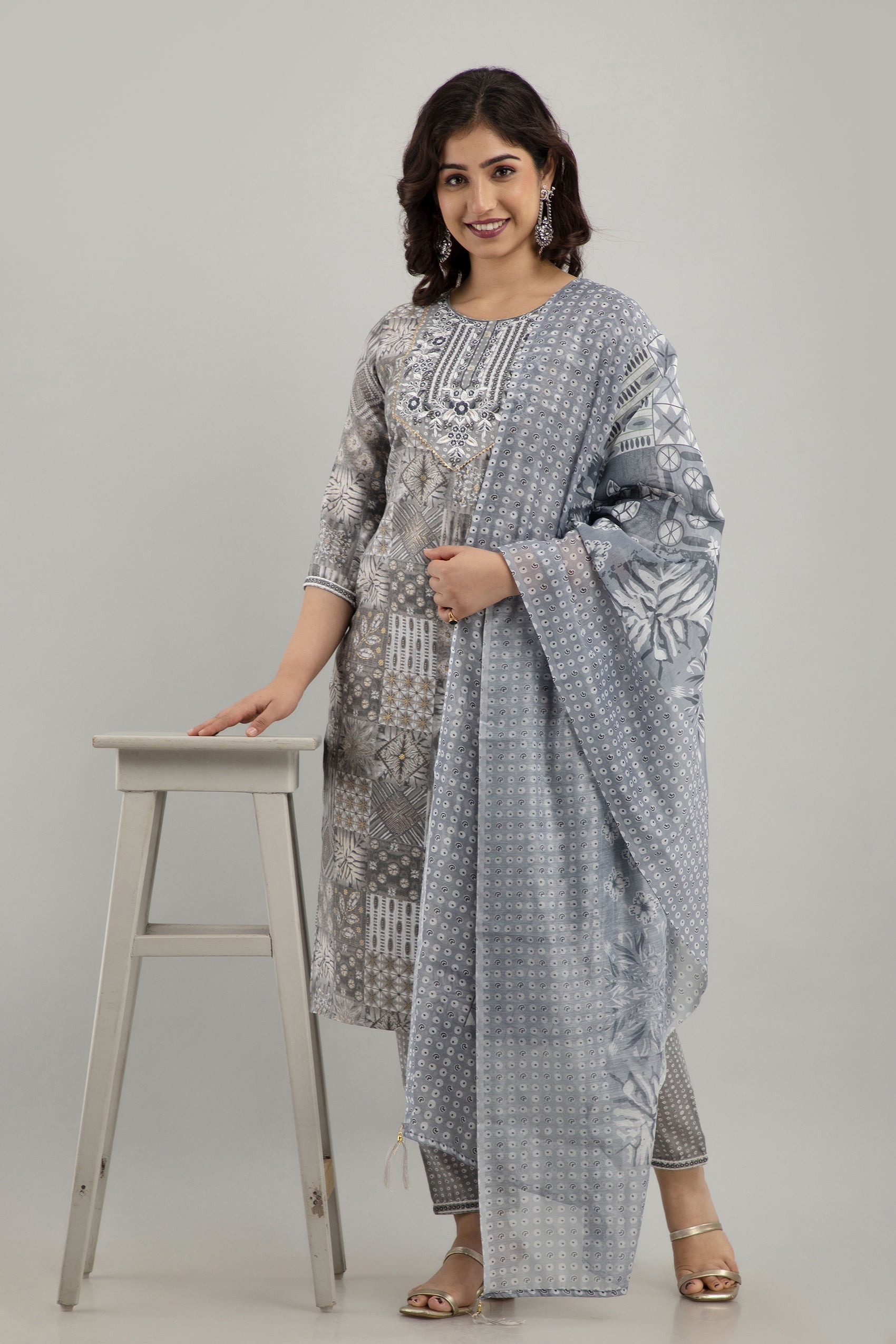Women's Digital Print & Embroidered Cotton Blend Straight Kurta Pant & Dupatta Set (Grey) - Charu