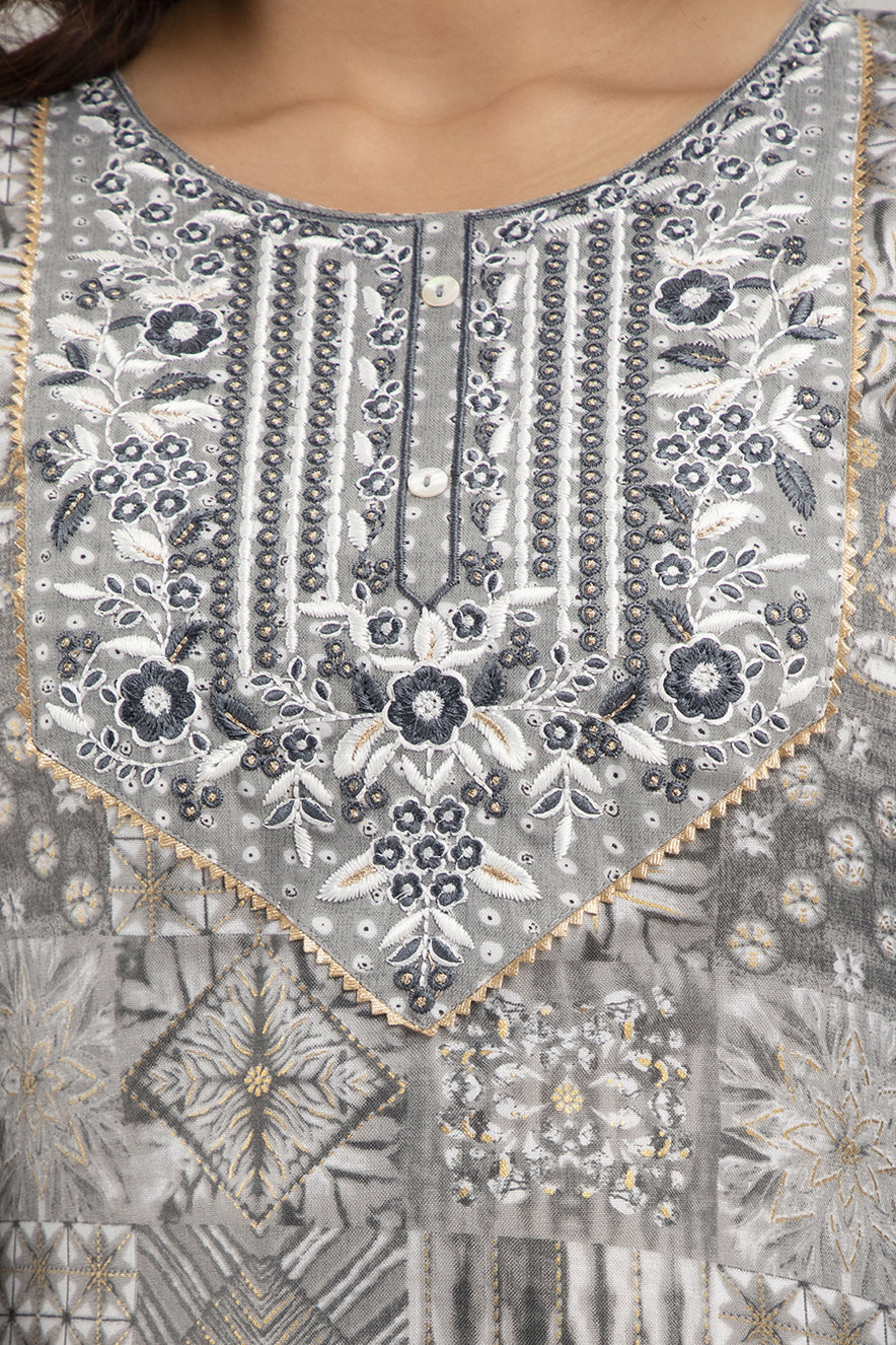 Women's Digital Print & Embroidered Cotton Blend Straight Kurta Pant & Dupatta Set (Grey) - Charu