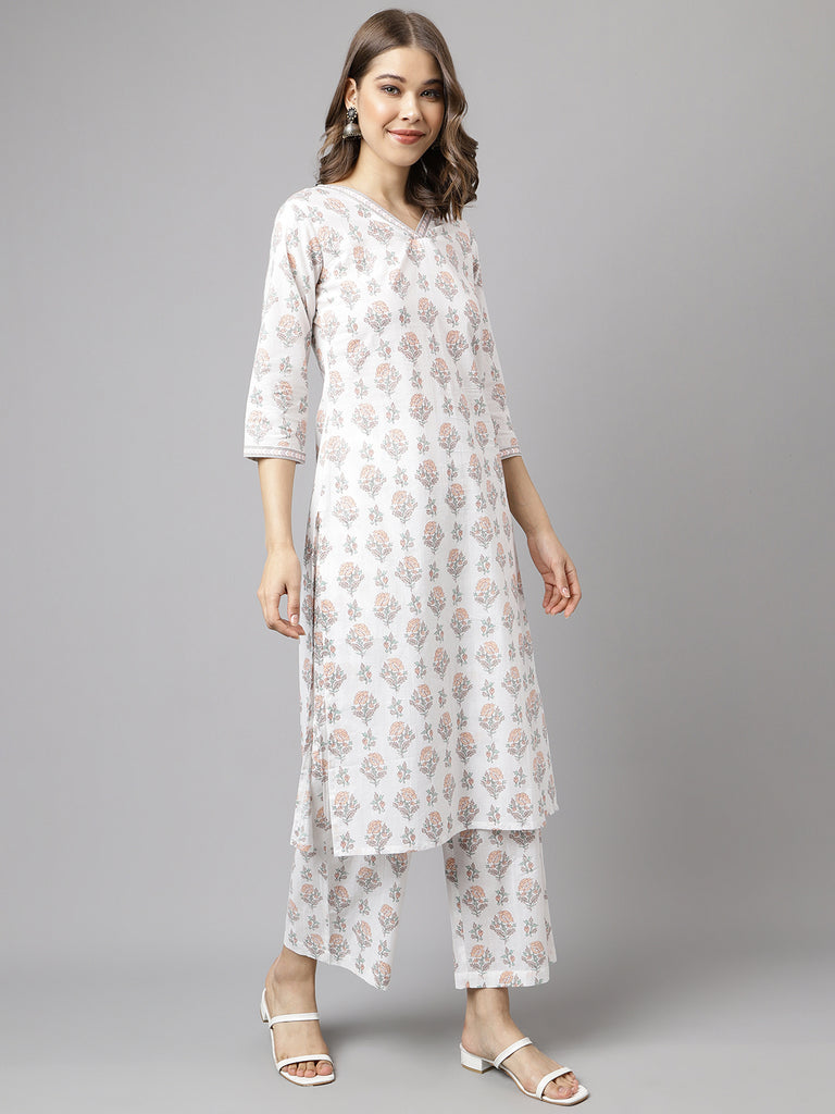 Women's White Cotton A-Line Kurta Palazzo Set