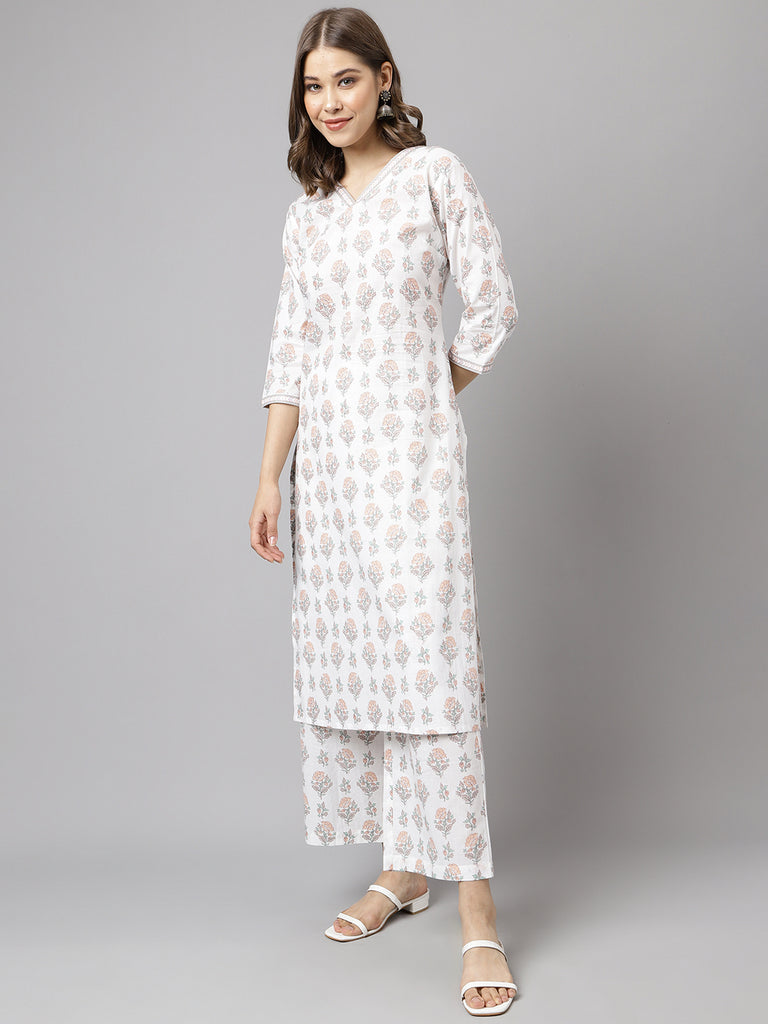 Women's White Cotton A-Line Kurta Palazzo Set