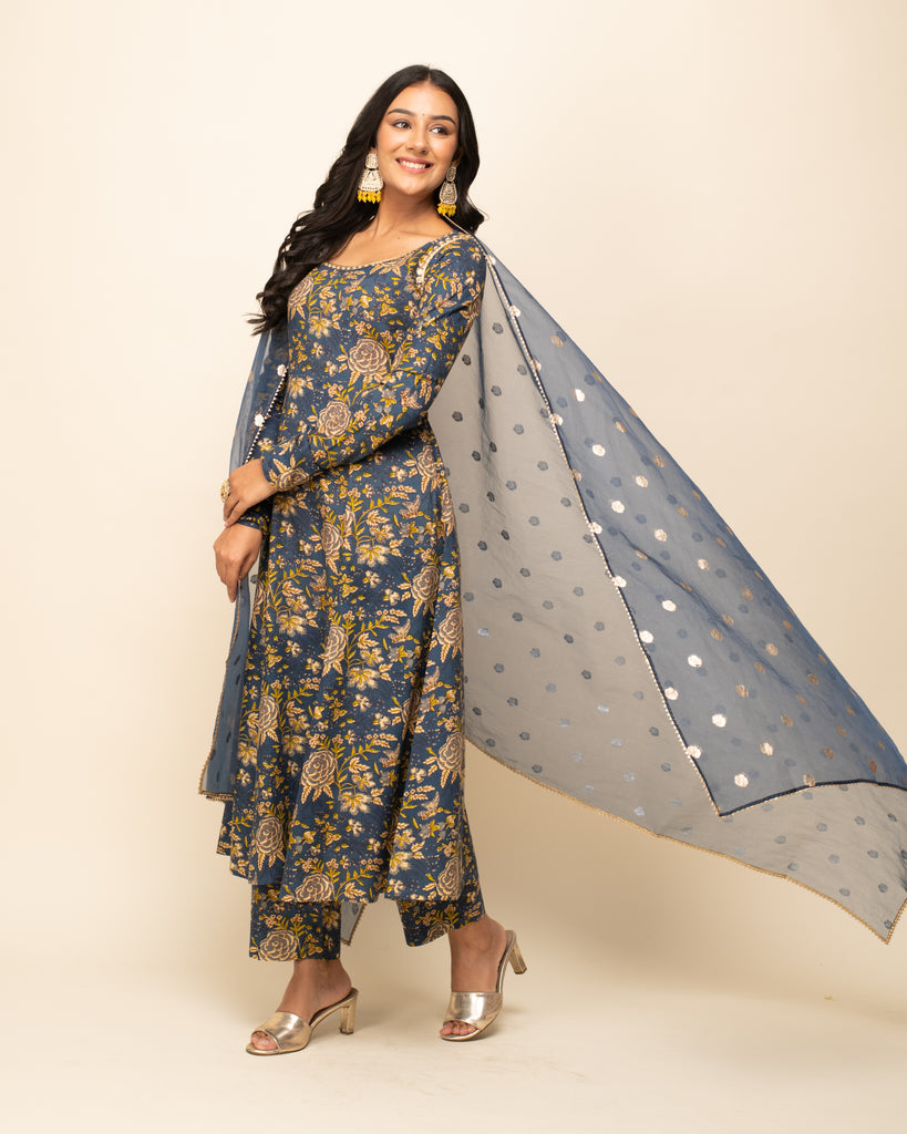 Women's Navy Blue Cotton A-Line Kurta Pant With dupatta