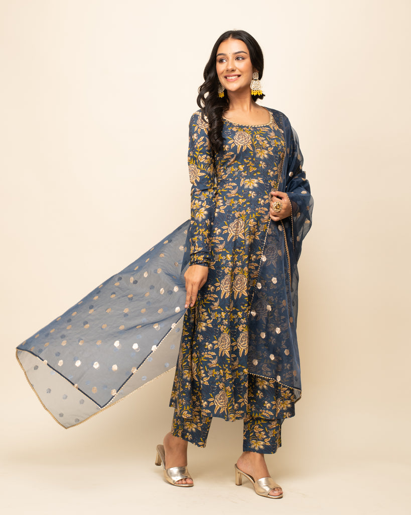 Women's Navy Blue Cotton A-Line Kurta Pant With dupatta
