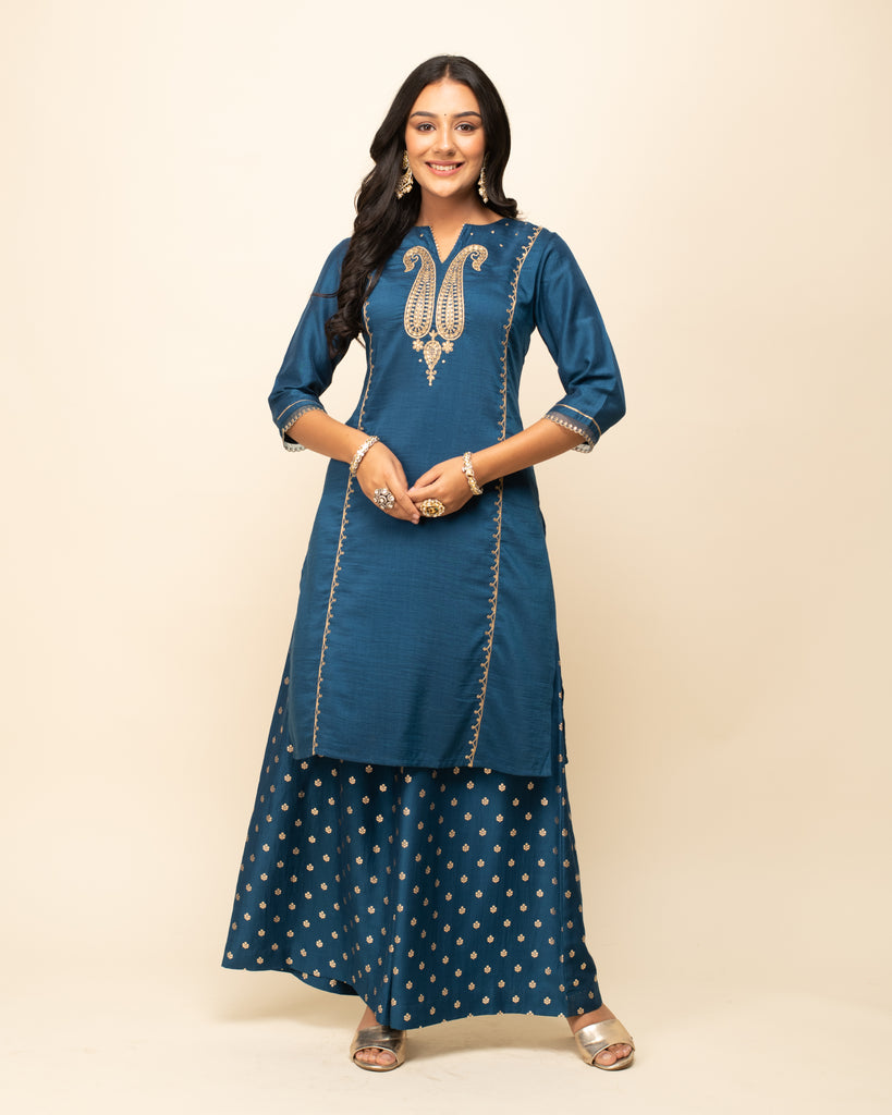 Women's Teal Blue Silk Blend Straight Kurta palazzo set With Dupatta