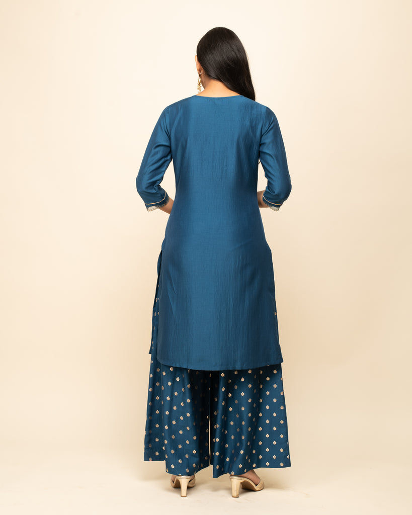 Women's Teal Blue Silk Blend Straight Kurta palazzo set With Dupatta