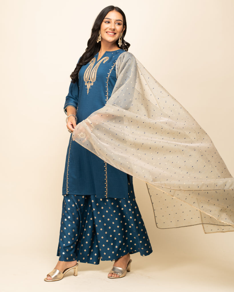 Women's Teal Blue Silk Blend Straight Kurta palazzo set With Dupatta