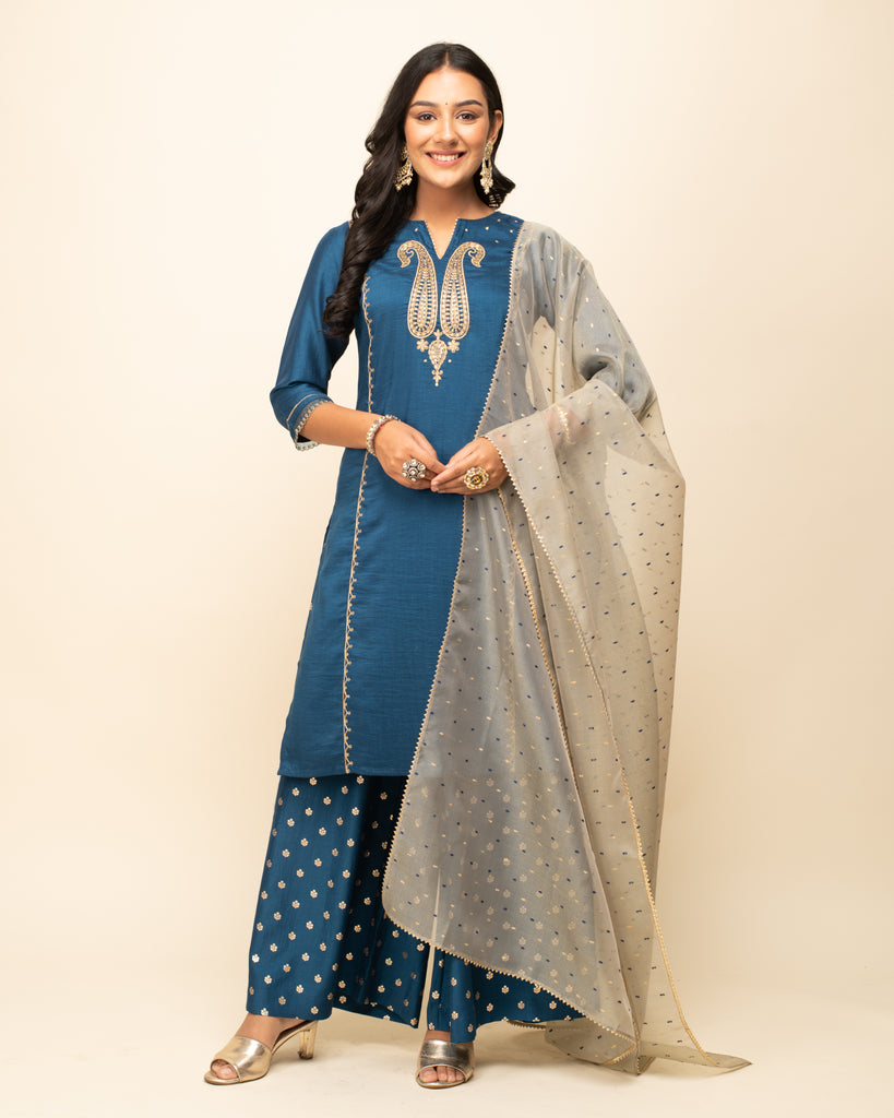 Women's Teal Blue Silk Blend Straight Kurta palazzo set With Dupatta