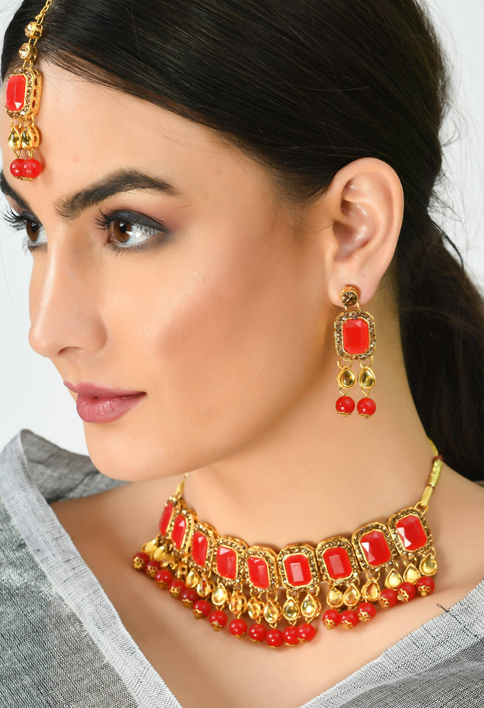 Kamal Johar Gold-Plated Red Color Stone & Pearls Necklace with Earrings ,