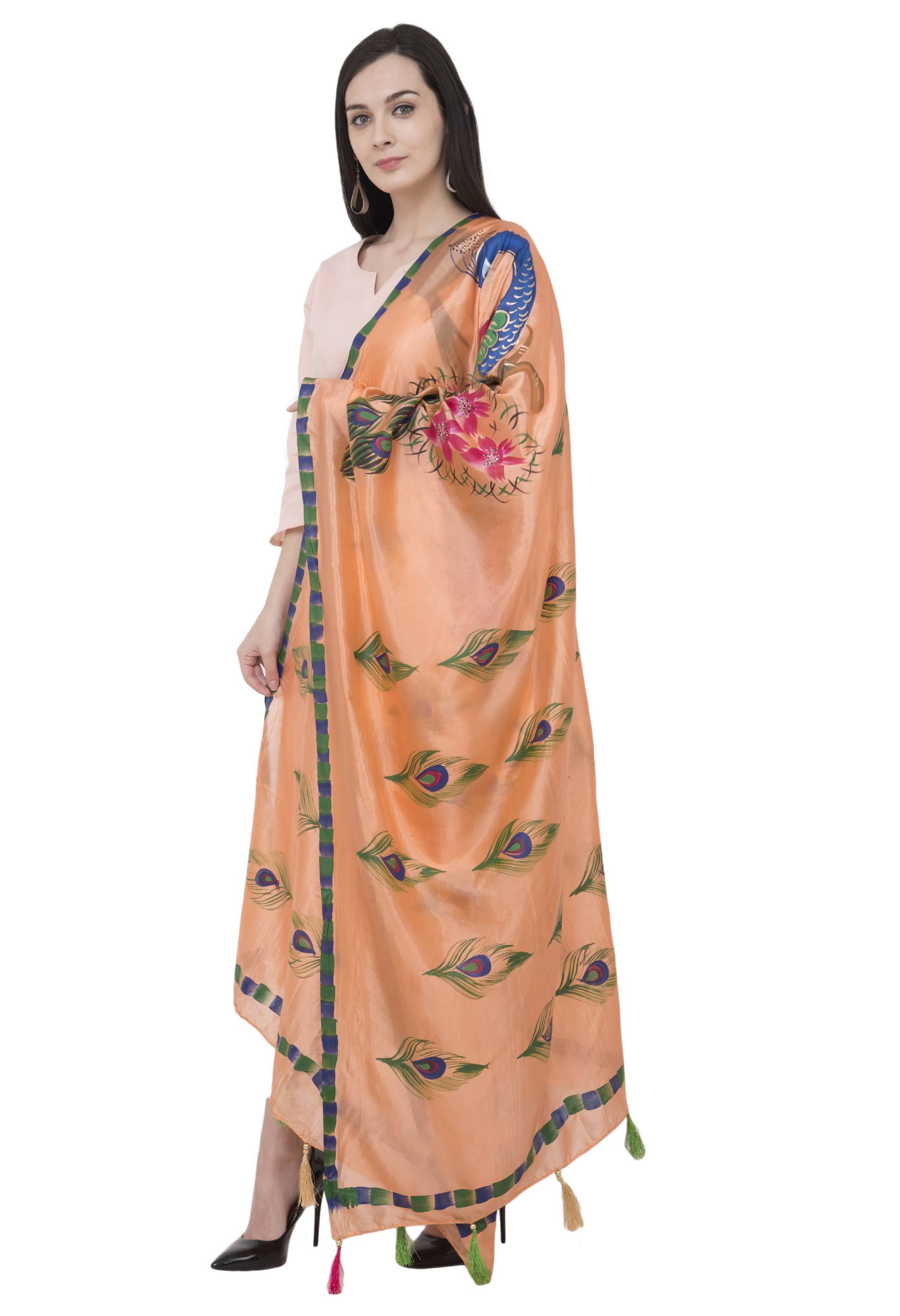 A R Silk Silk Peacock Multi Fancy Dupatta Color PEACH Dupatta or Chunni