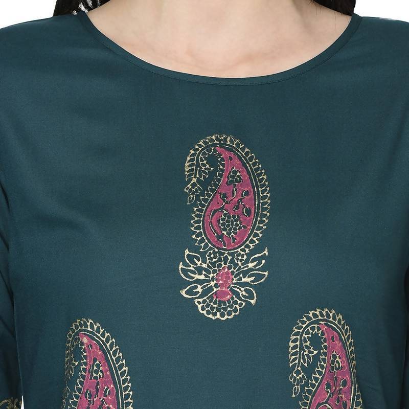 Women's Teal Blue Rayon Block print straight kurta
