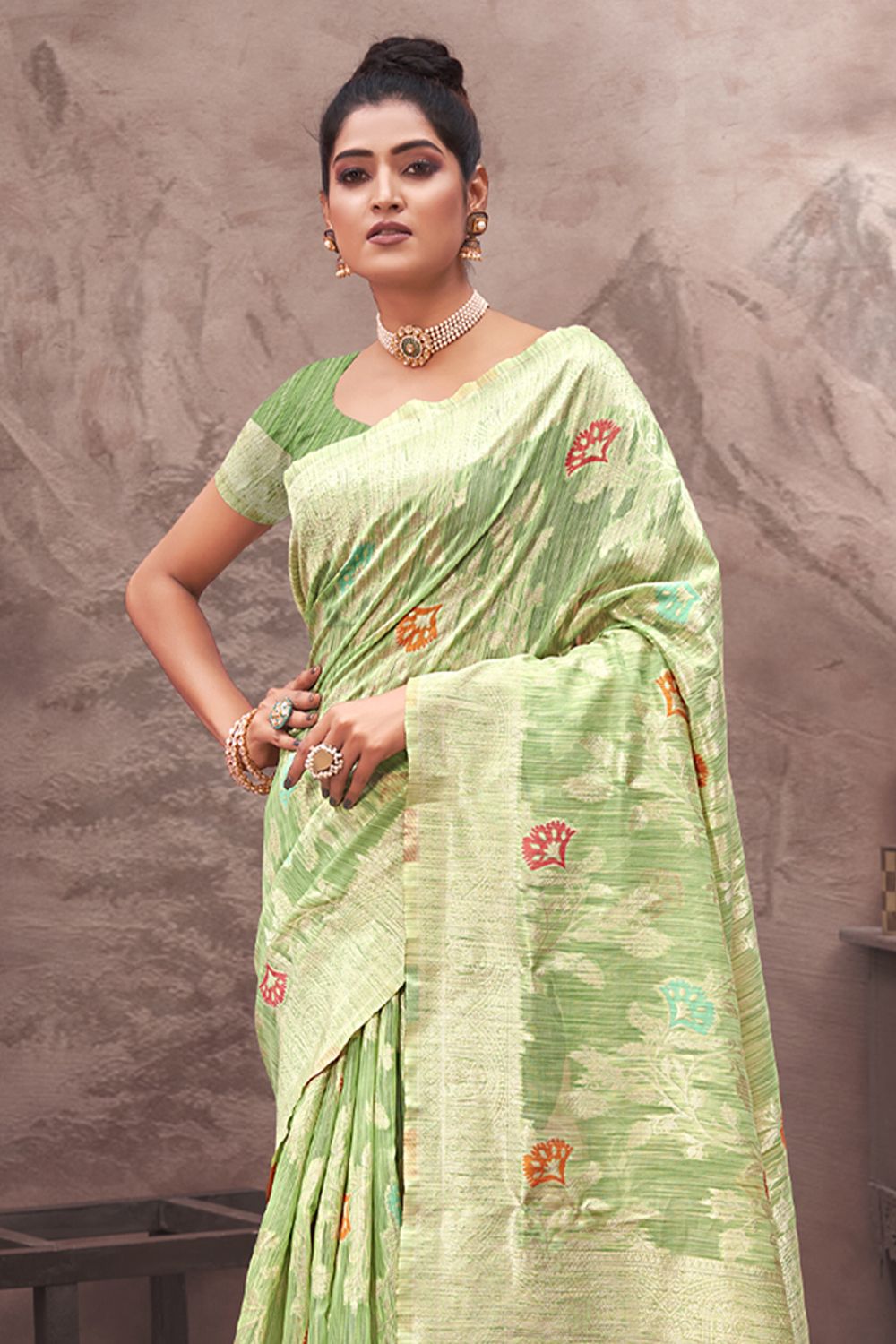 Women's Light Green Cotton Silk Woven Zari Work Traditional Saree - Sangam Prints
