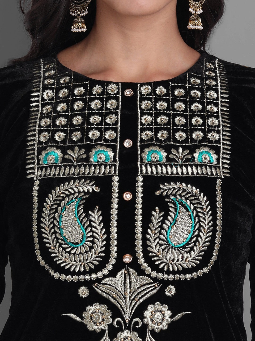 Women's Black Embroidered Velvet Kurta With Trousers & Withã¢ Dupatta - Noz2Toz