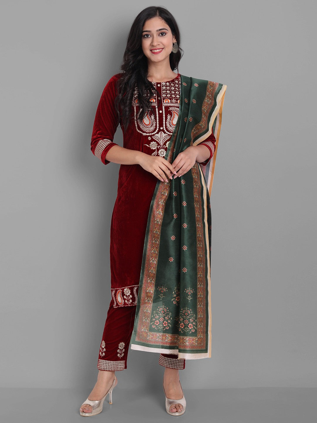 Women's Red Embroidered Velvet Kurta With Trousers & Withã¢ Dupatta - Noz2Toz