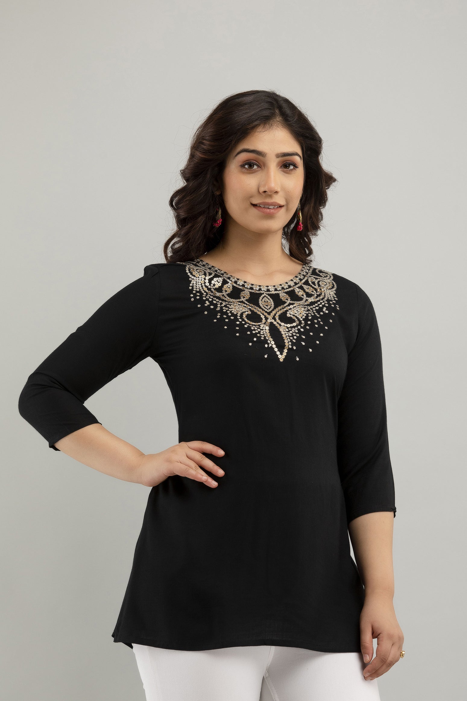 Women's Embroidered Viscose Rayon Regular Top (Black) - Charu
