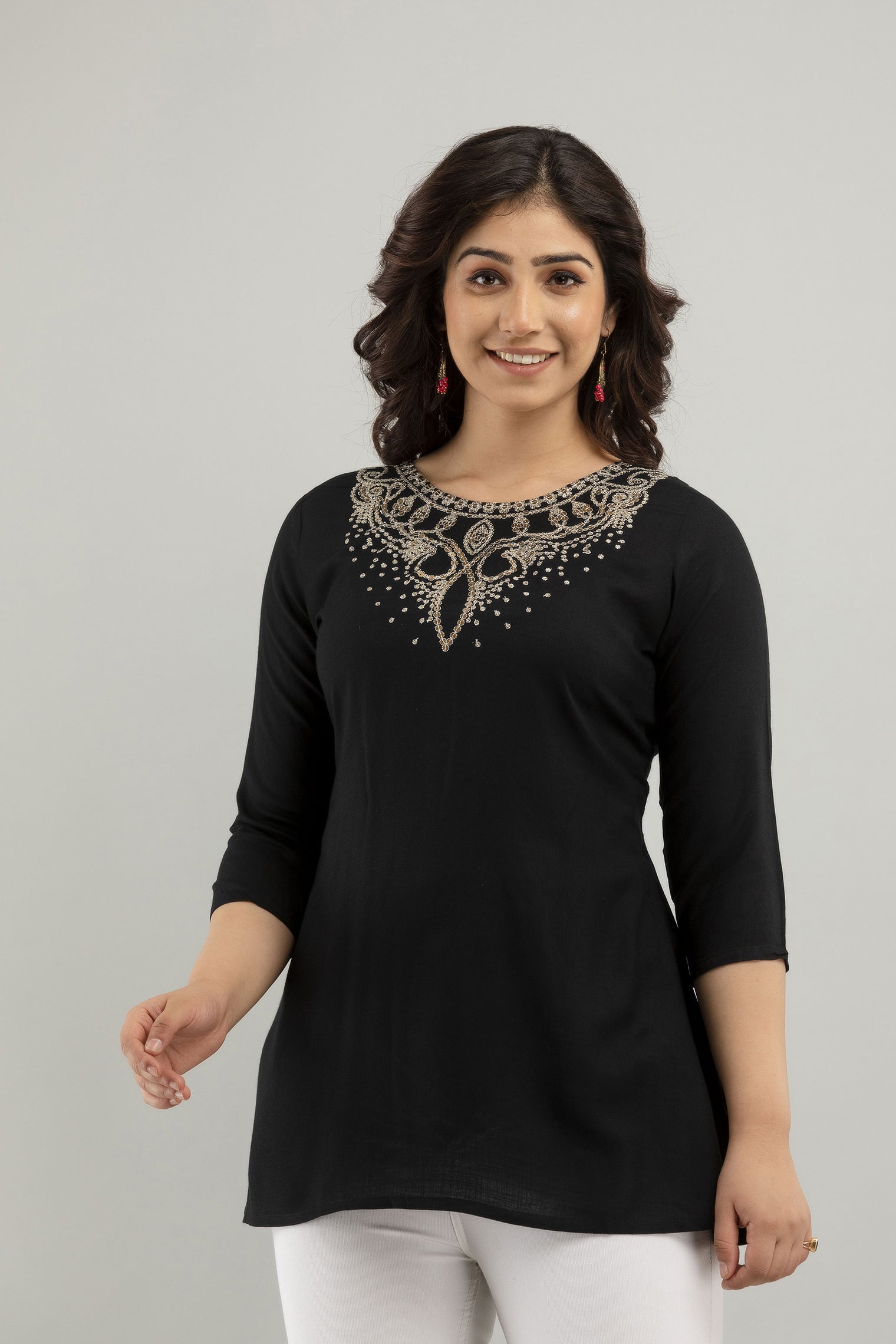 Women's Embroidered Viscose Rayon Regular Top (Black) - Charu