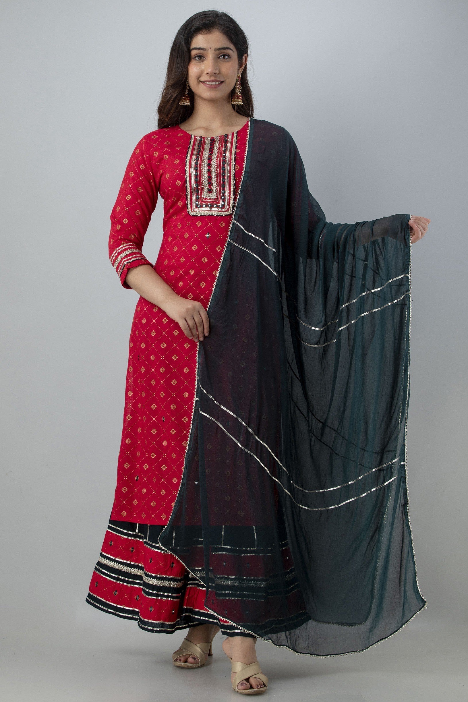 Women's Embroidered Viscose Rayon Straight Kurta Sharara & Dupatta Set (Rani) - Charu