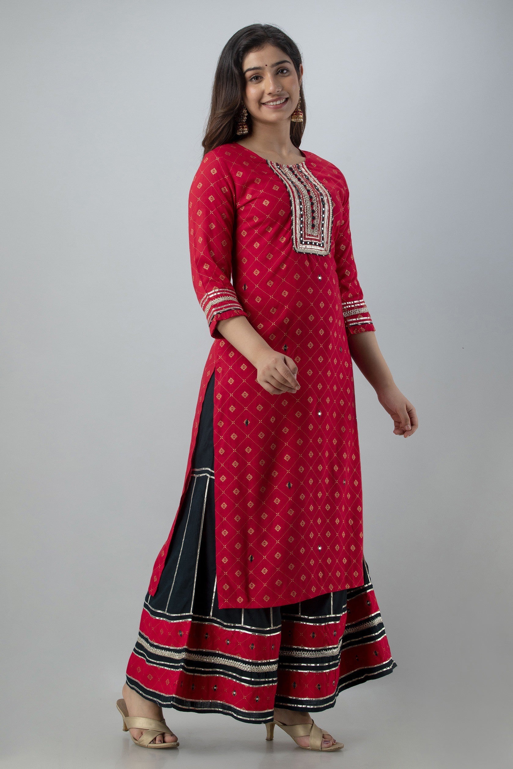 Women's Embroidered Viscose Rayon Straight Kurta Sharara & Dupatta Set (Rani) - Charu