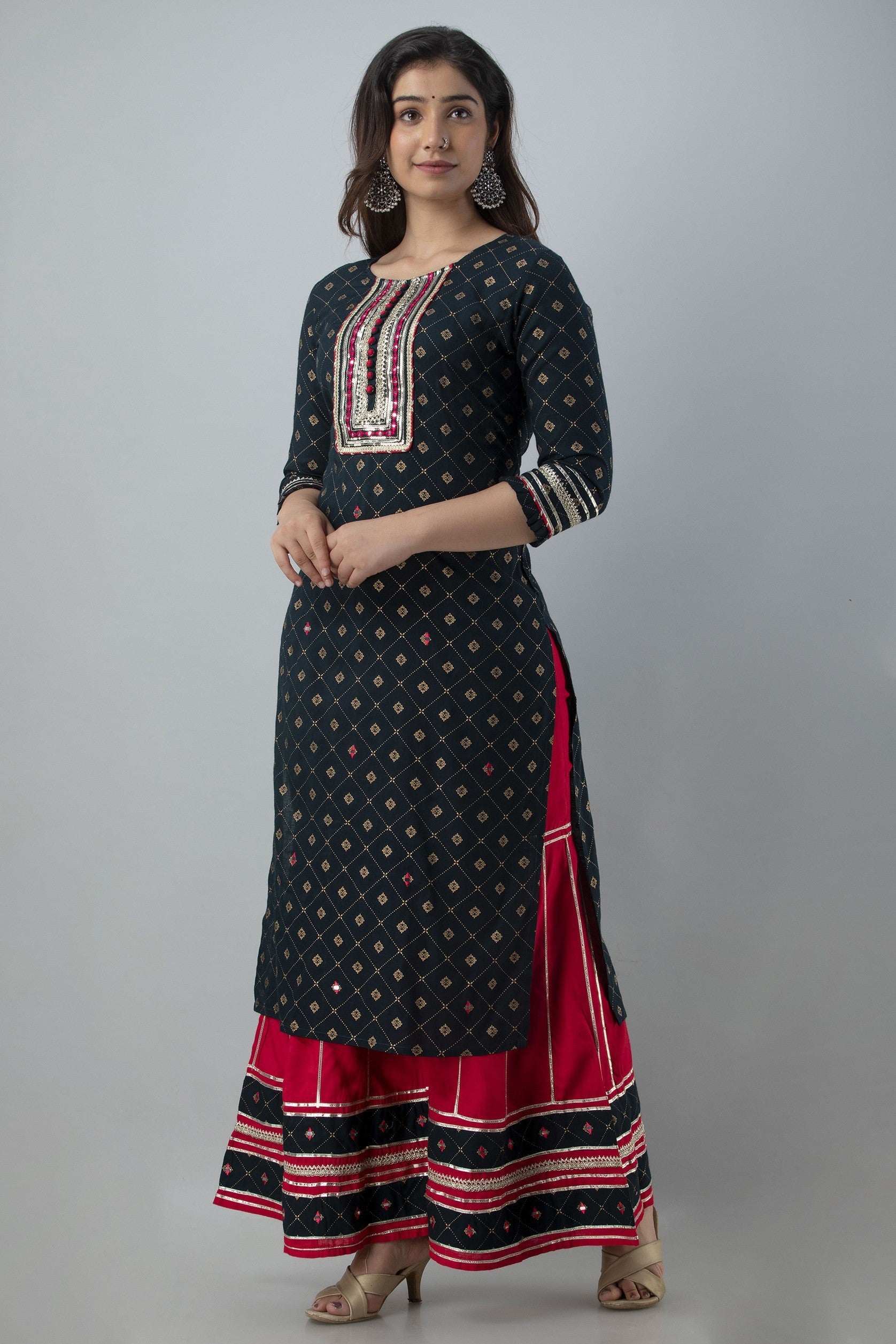 Women's Embroidered Viscose Rayon Straight Kurta Sharara & Dupatta Set (Teal) - Charu