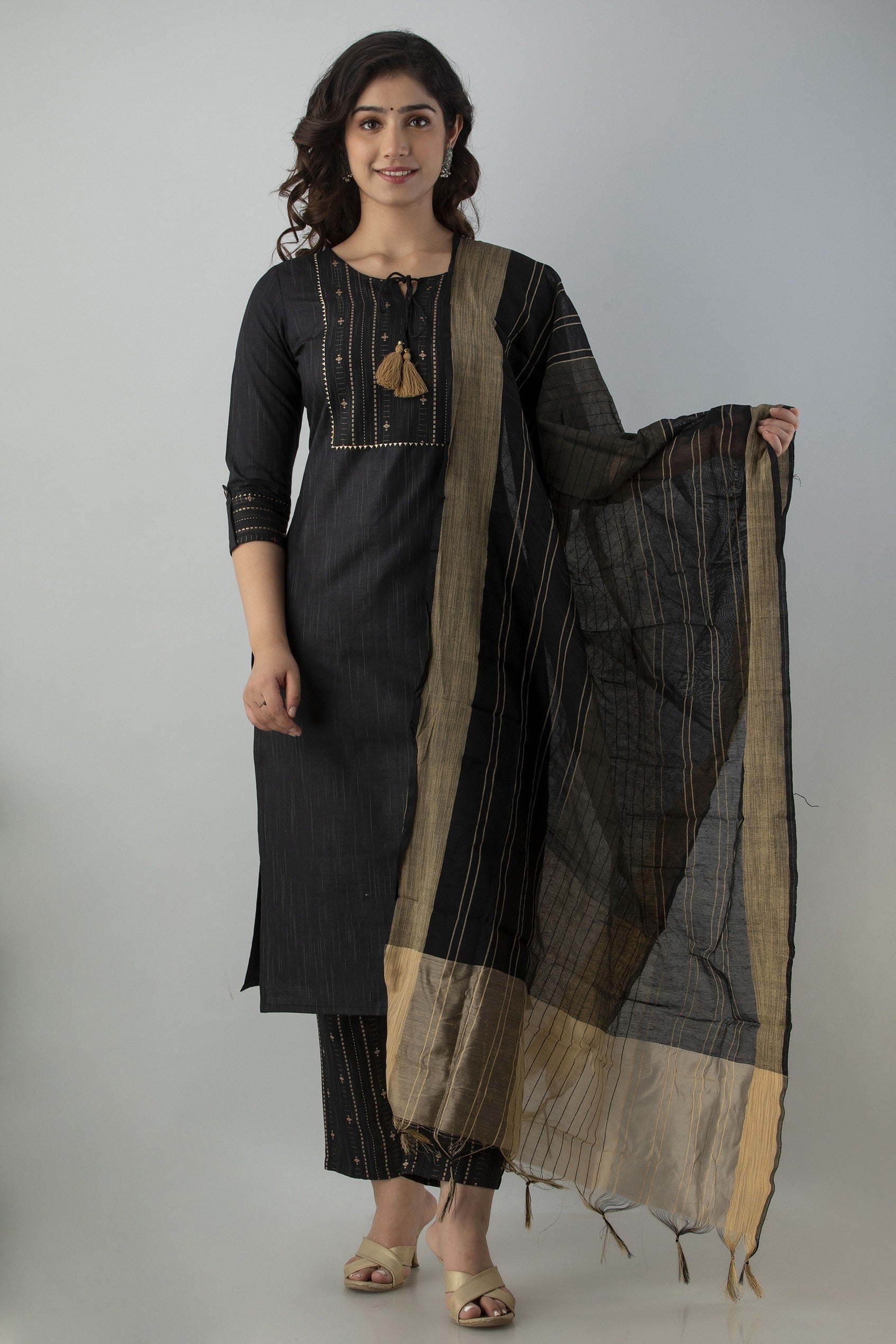Women's Striped & Woven Cotton Blend Straight Kurta Pant & Dupatta Set (Black) - Charu