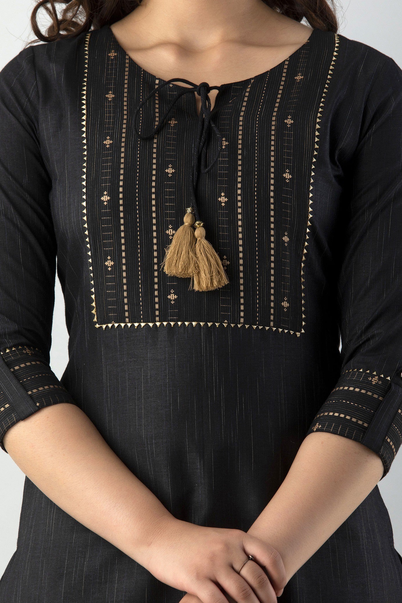 Women's Striped & Woven Cotton Blend Straight Kurta Pant & Dupatta Set (Black) - Charu