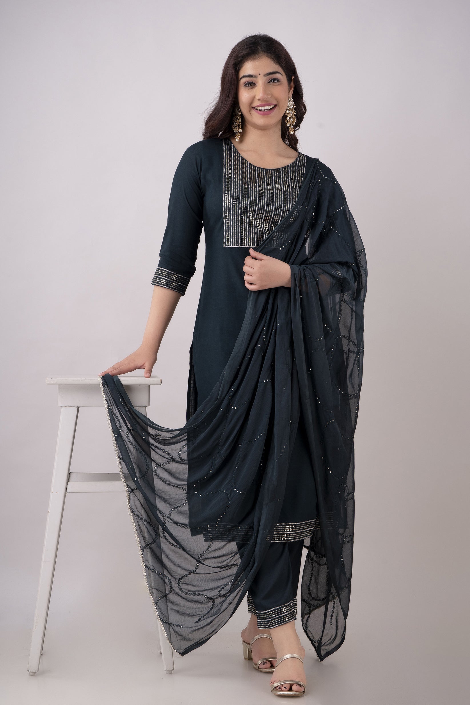 Women's Embroidered Viscose Rayon Straight Kurta Pant & Dupatta Set (Teal) - Charu