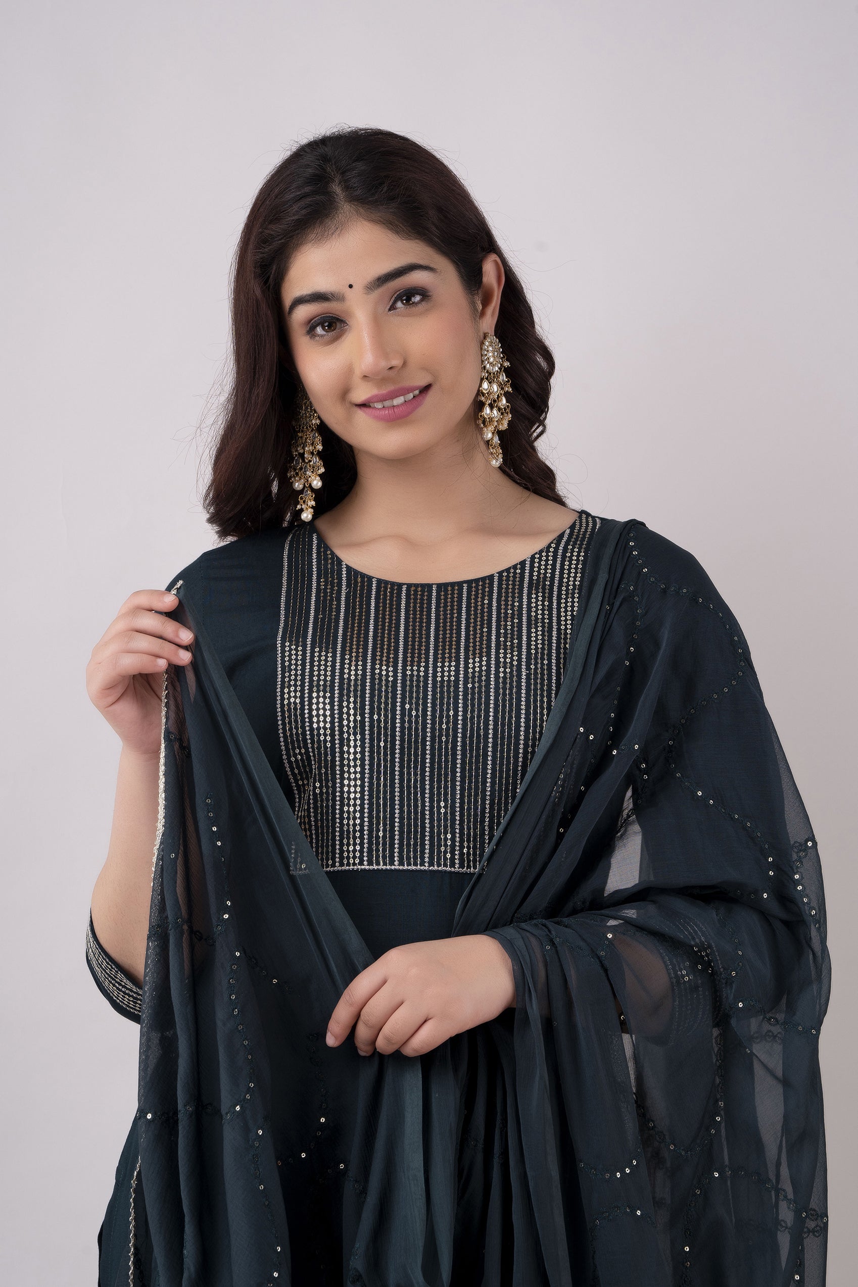 Women's Embroidered Viscose Rayon Straight Kurta Pant & Dupatta Set (Teal) - Charu