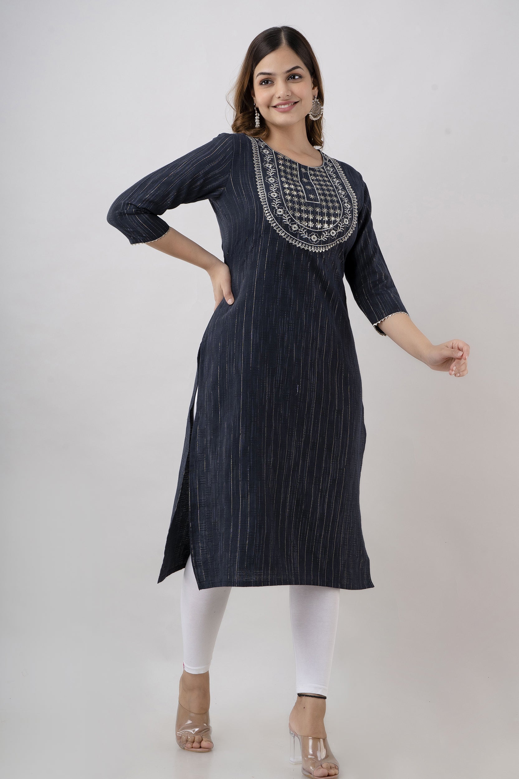 Women's Embroidered Cotton Blend Straight Kurta (Dark Blue) - Charu