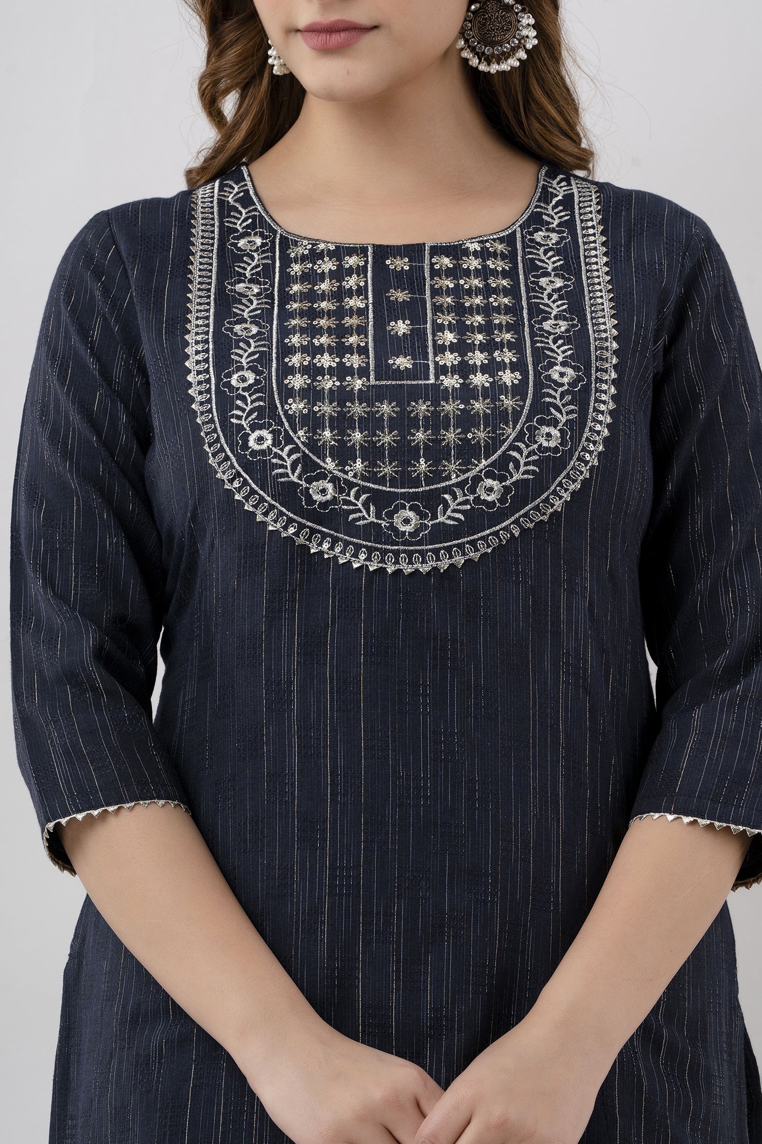 Women's Embroidered Cotton Blend Straight Kurta (Dark Blue) - Charu