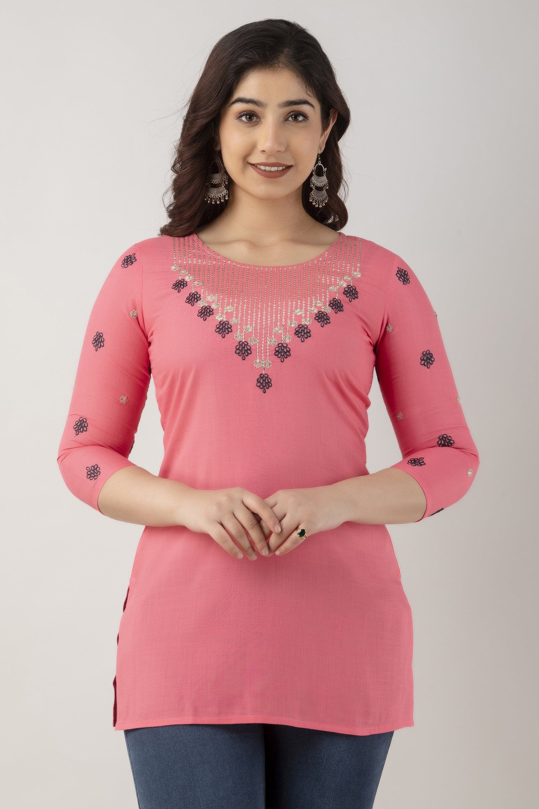 Women's Embroidered Viscose Rayon Regular Top (Peach) - Charu