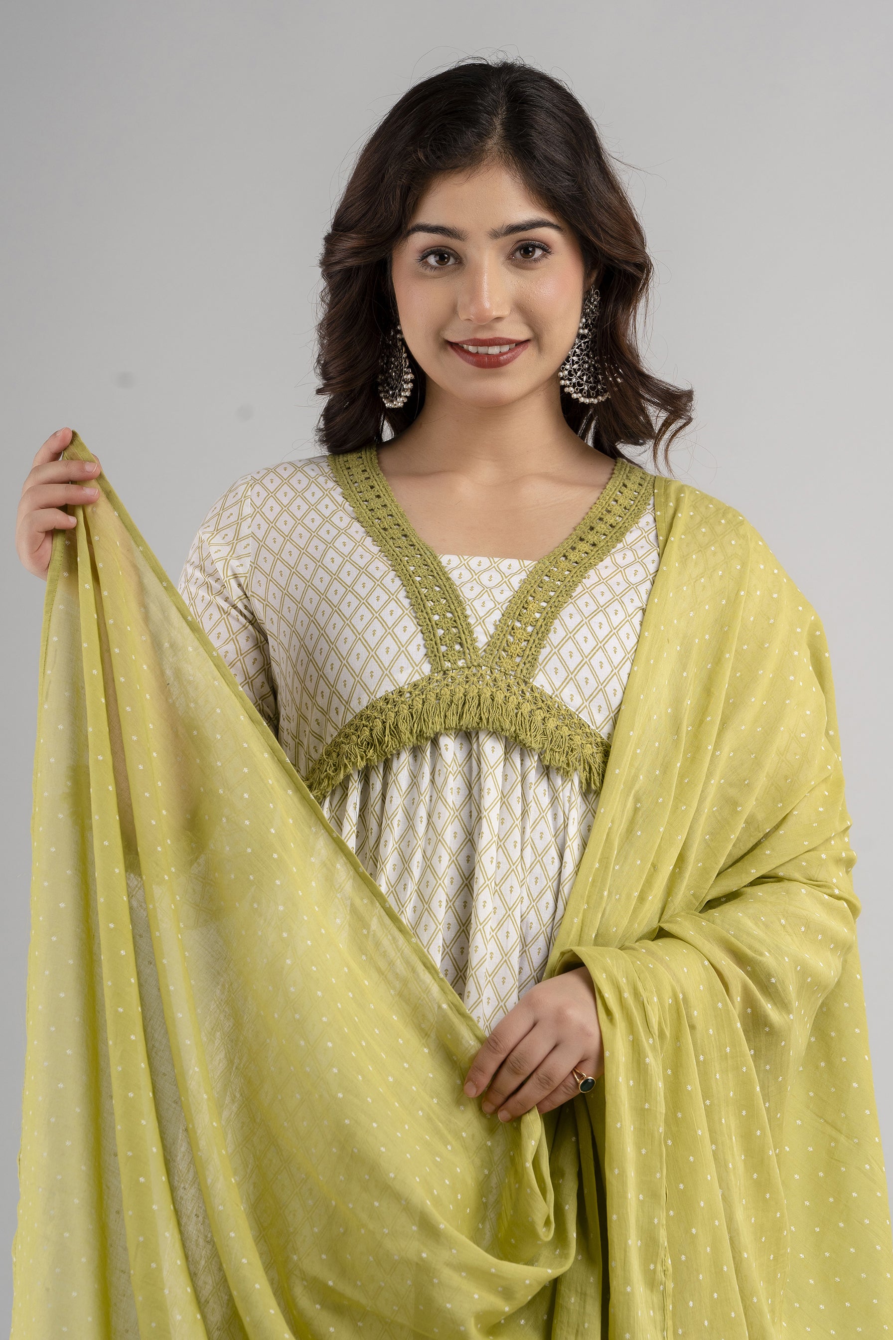 Women's Screen Print Cotton Alia Cut Kurta Pant & Dupatta Set (Offwhite Green) - Charu