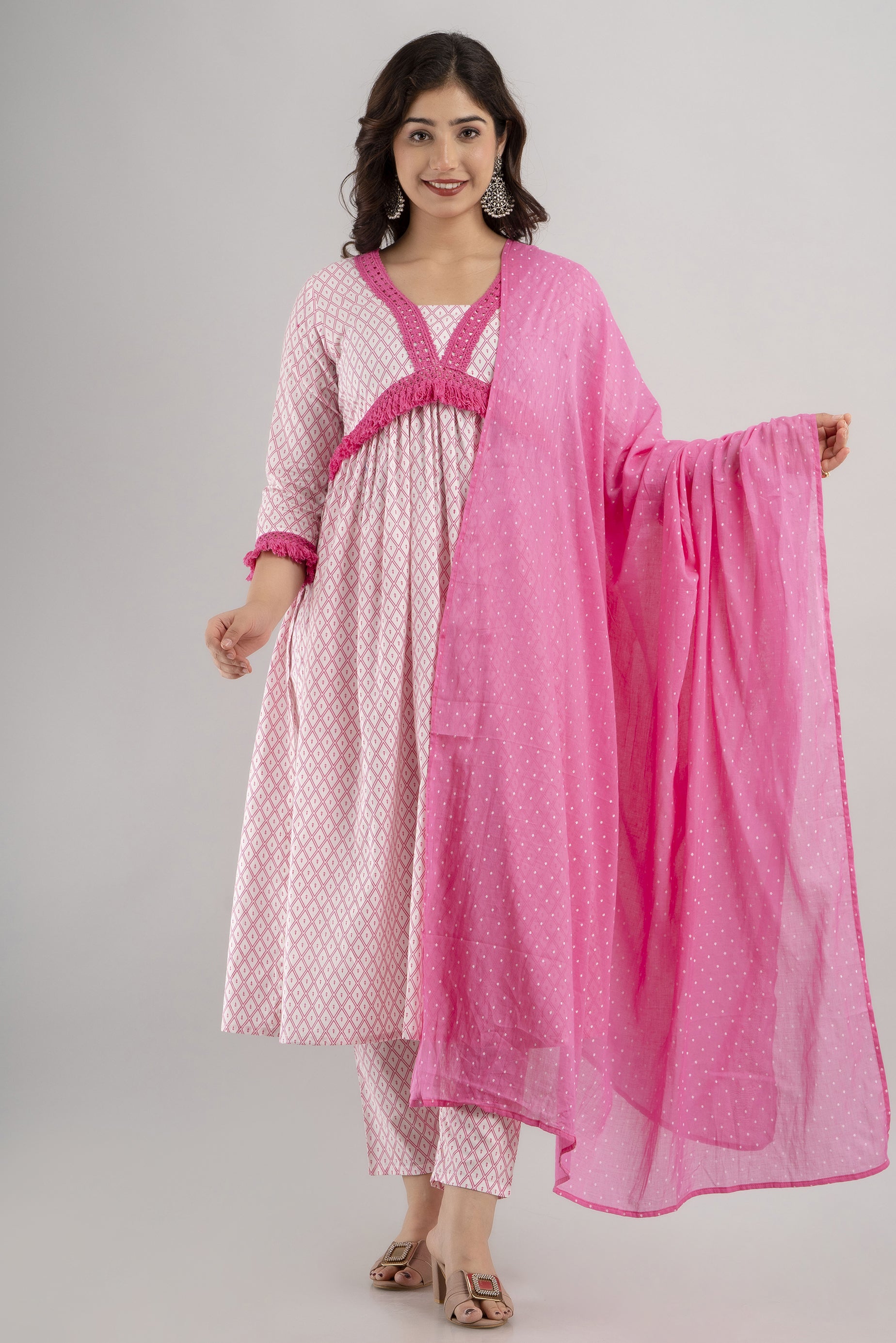 Women's Screen Print Cotton Alia Cut Kurta Pant & Dupatta Set (Offwhite Pink) - Charu