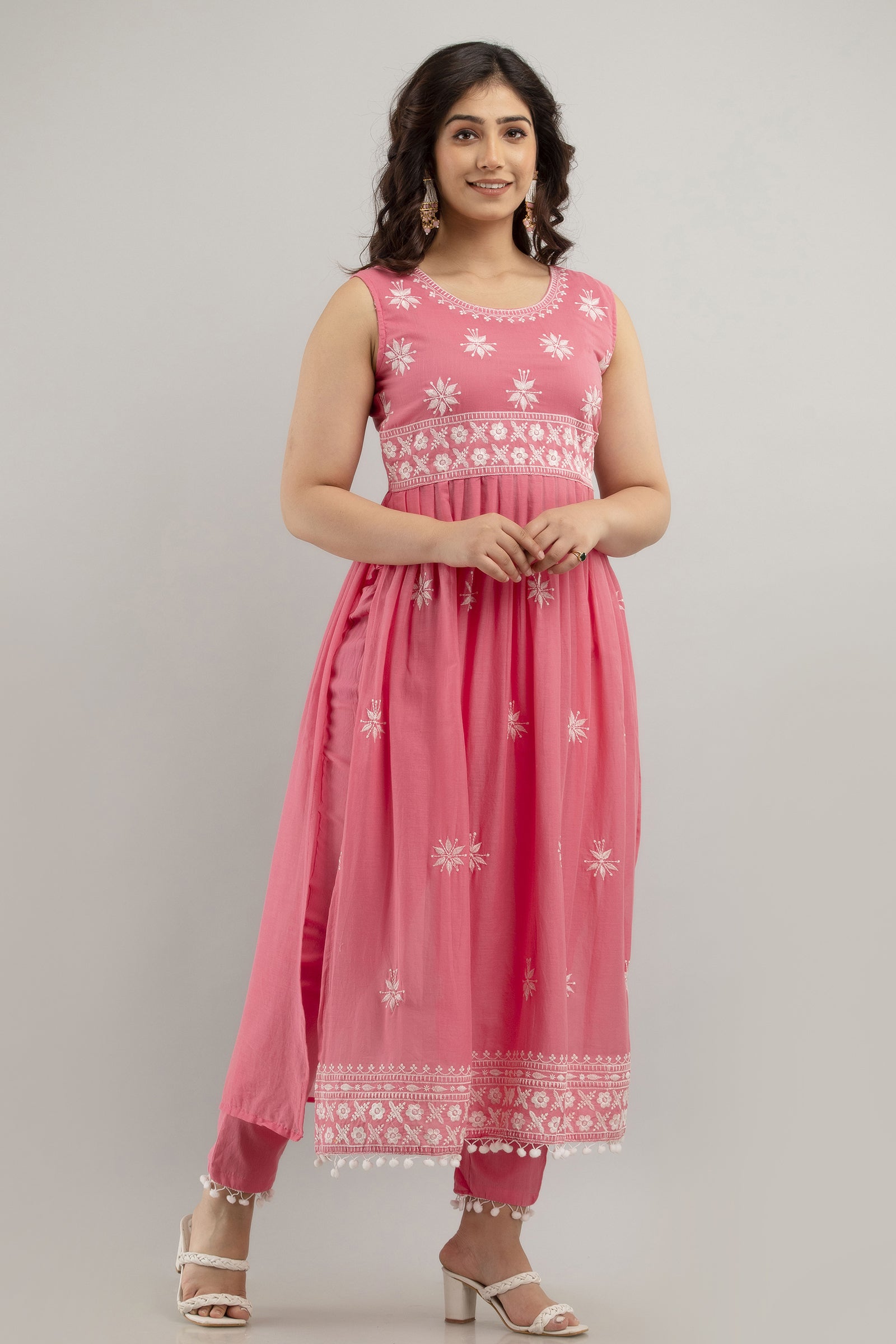 Women's Embroidered Cotton Naira Cut Kurta Pant & Dupatta Set (Peach) - Charu
