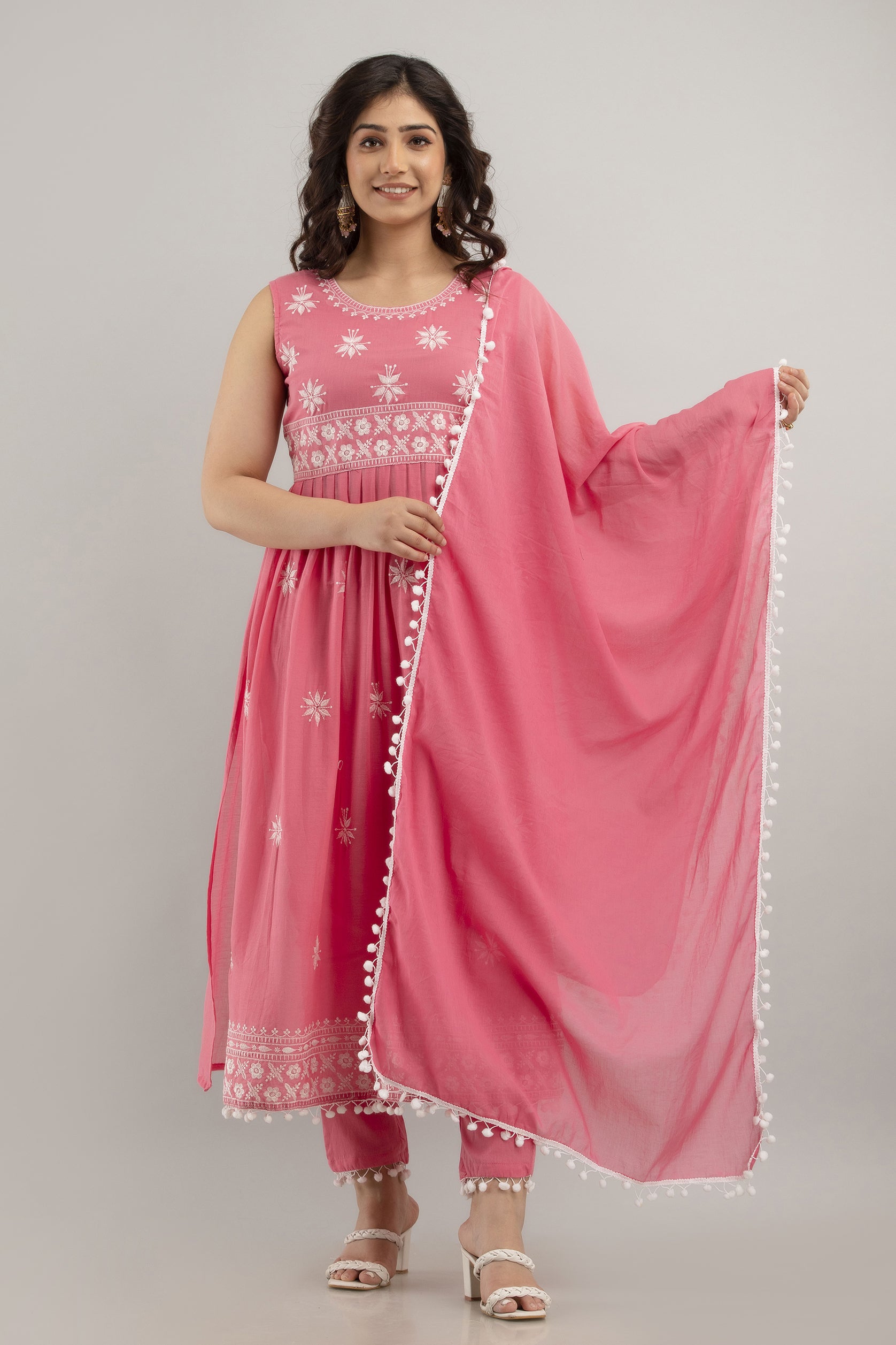 Women's Embroidered Cotton Naira Cut Kurta Pant & Dupatta Set (Peach) - Charu