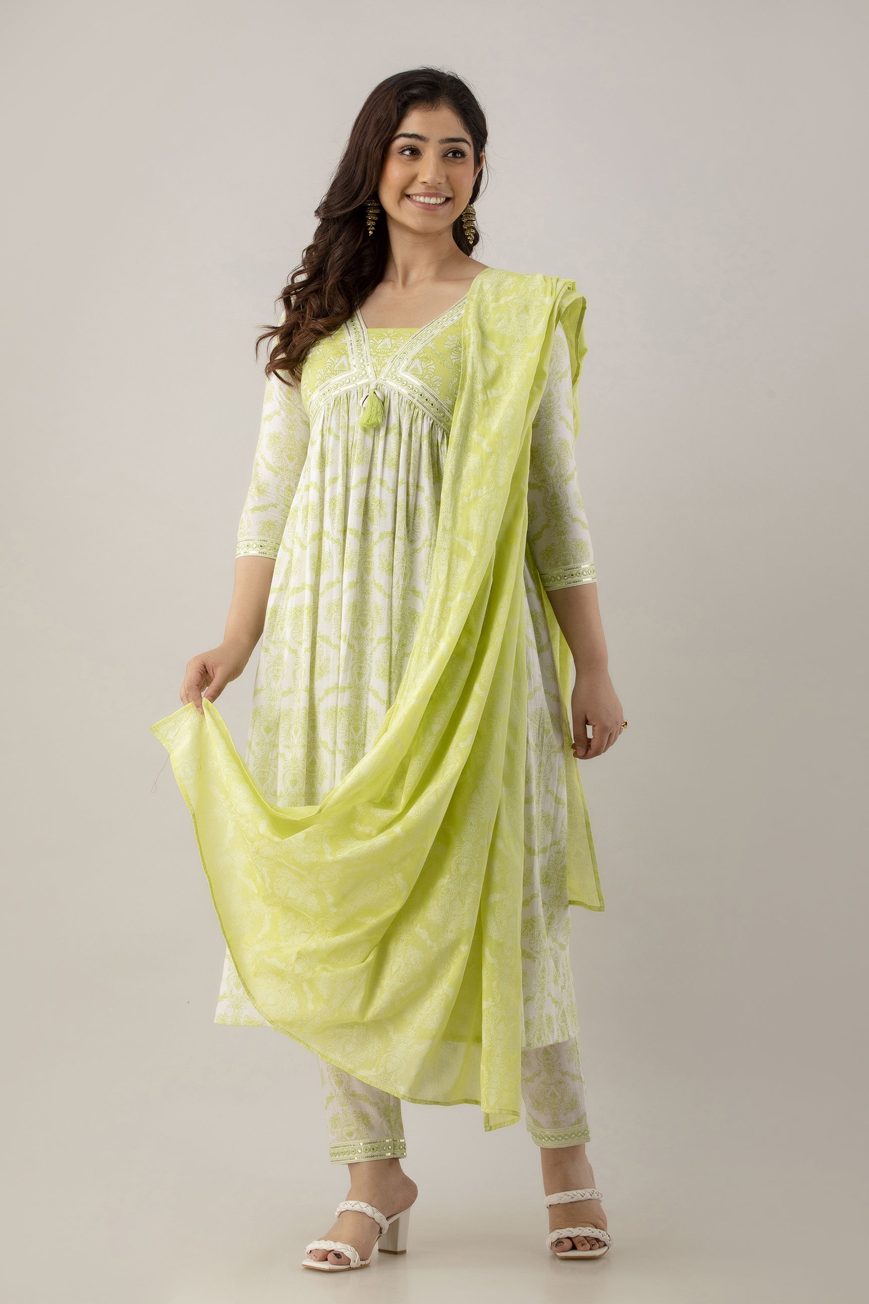 Women's Embroidered & Printed Cotton Alia Cut Kurta Pant & Dupatta Set (Green) - Charu
