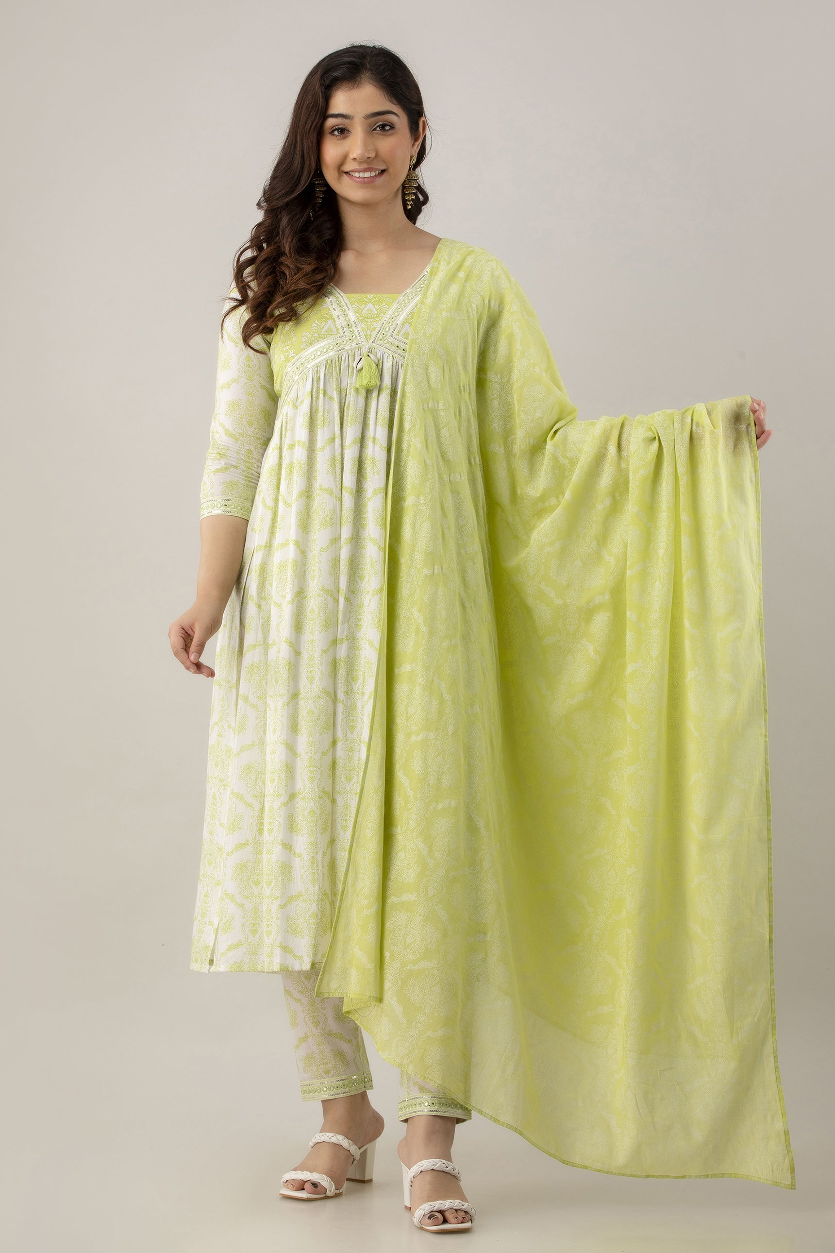 Women's Embroidered & Printed Cotton Alia Cut Kurta Pant & Dupatta Set (Green) - Charu