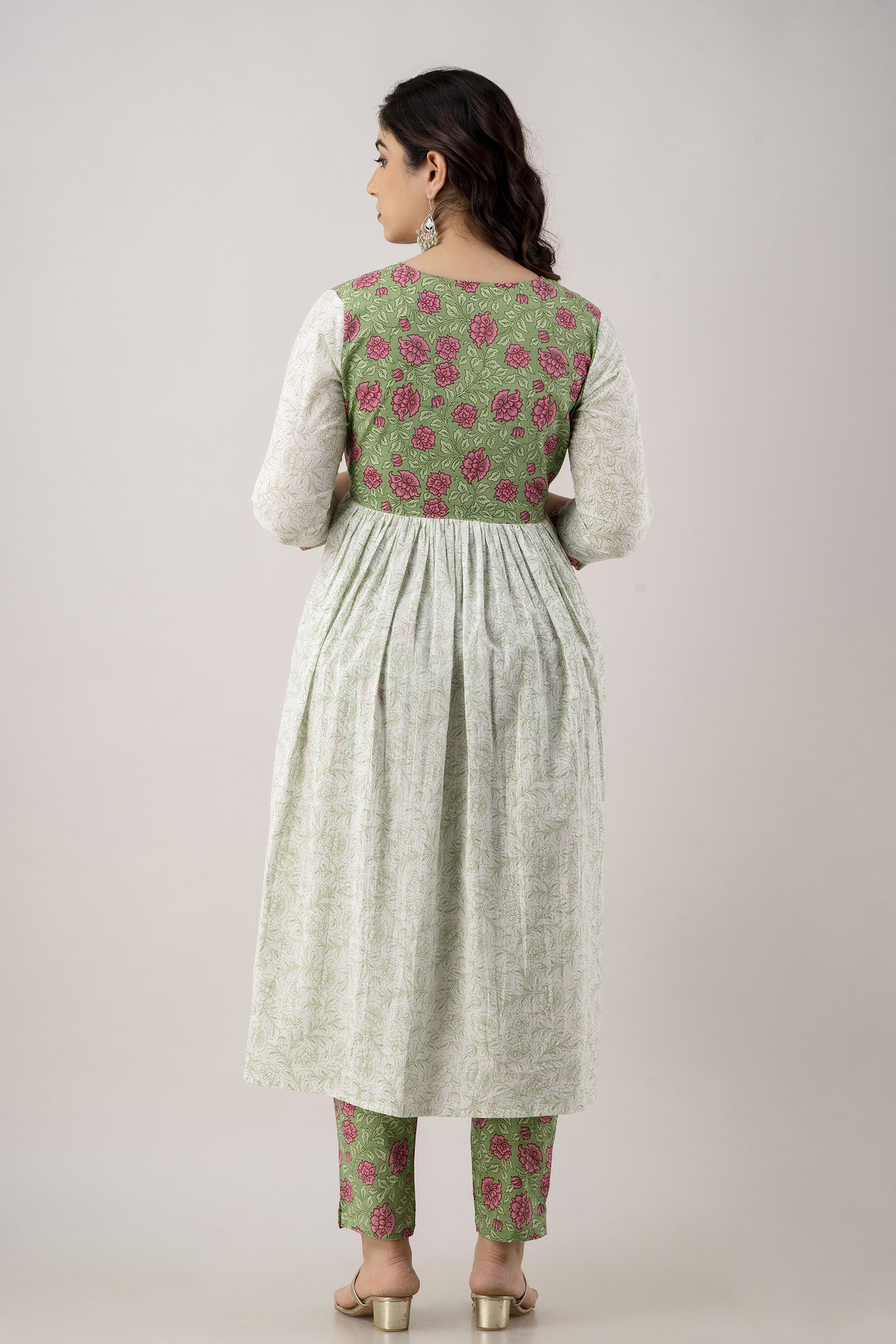 Women's Printed Cotton Alia Cut Kurta Pant & Dupatta Set (White Green) - Charu