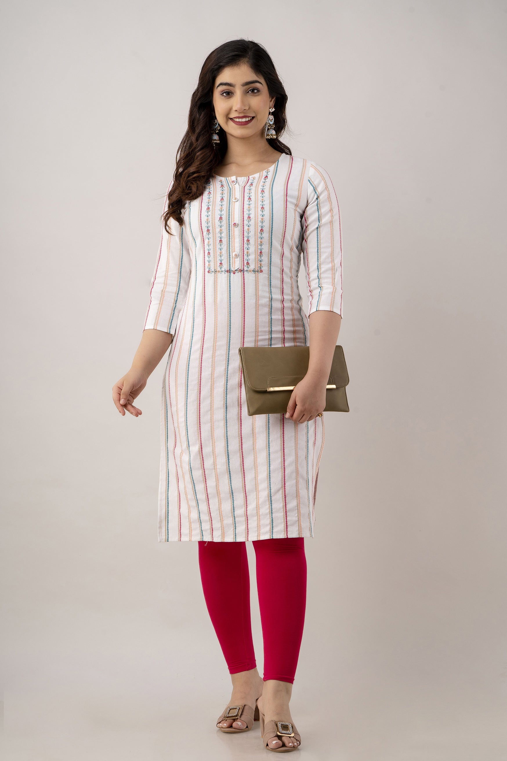 Women's Striped Cotton Blend Regular Kurta (White) - Charu