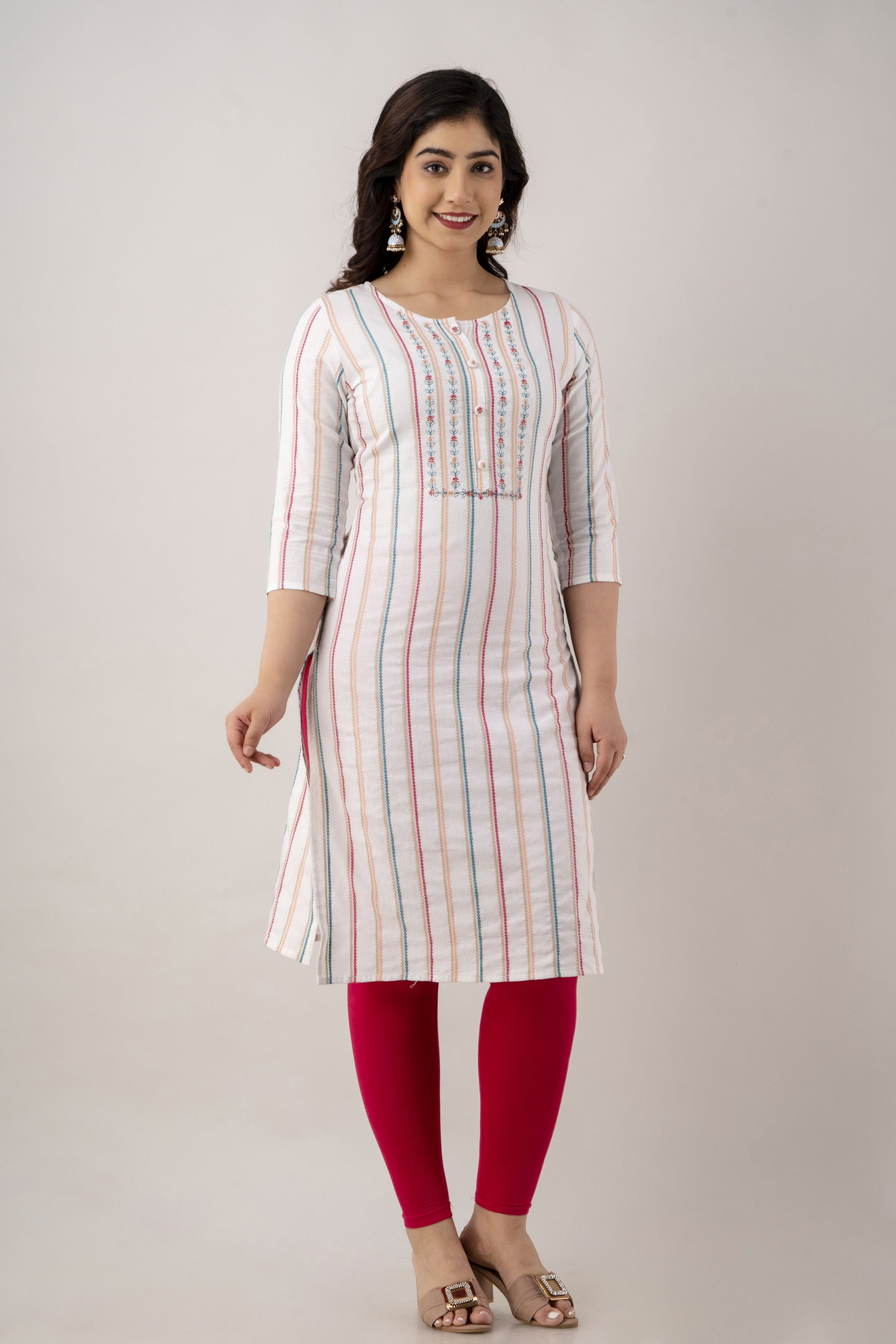Women's Striped Cotton Blend Regular Kurta (White) - Charu