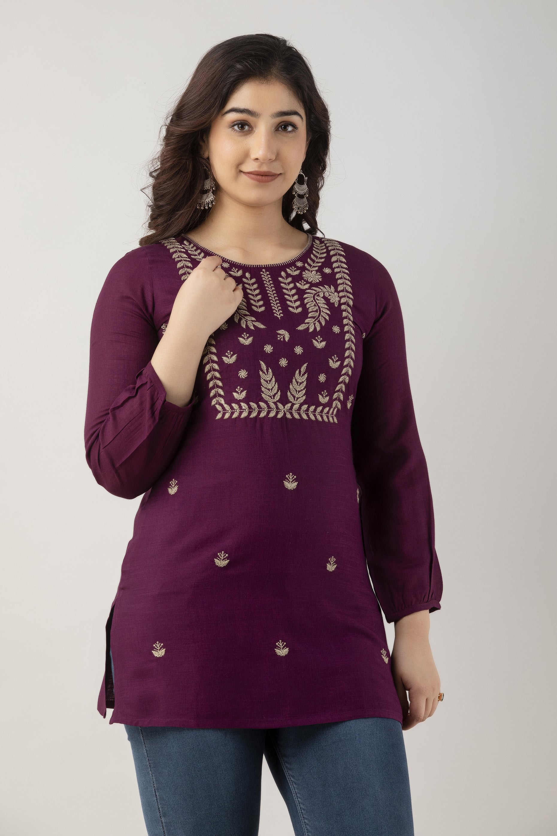 Women's Embroidered Viscose Rayon Regular Top (Voilet) - Charu