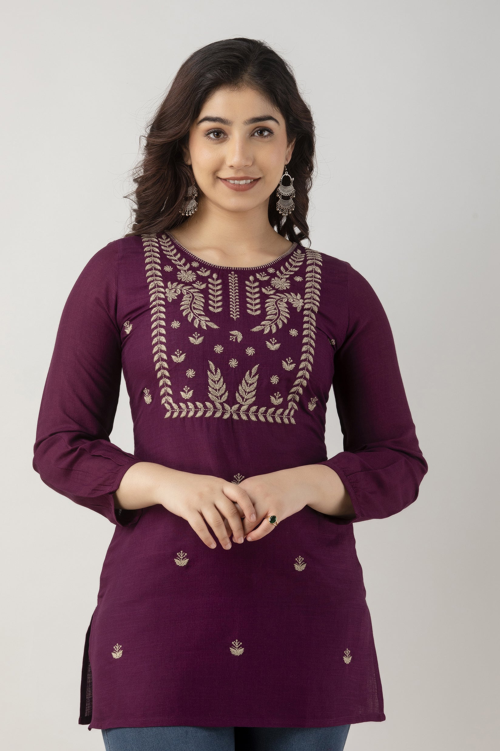 Women's Embroidered Viscose Rayon Regular Top (Voilet) - Charu