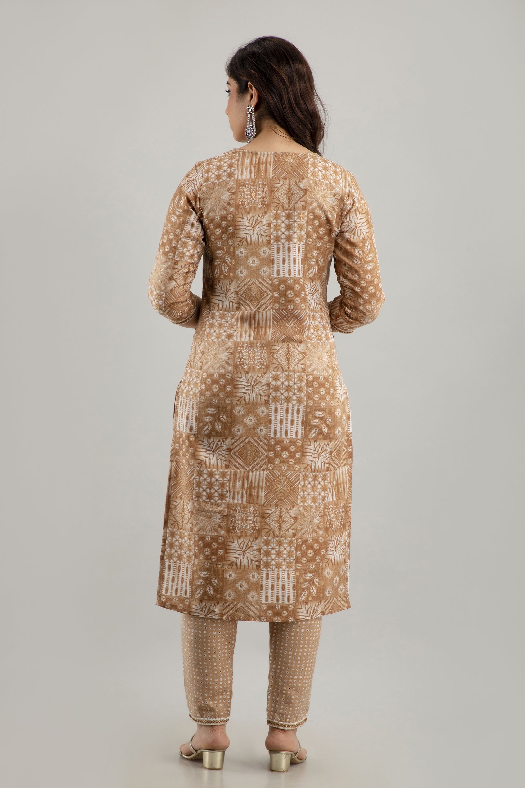 Women's Digital Print & Embroidered Cotton Blend Straight Kurta Pant & Dupatta Set (Brown) - Charu