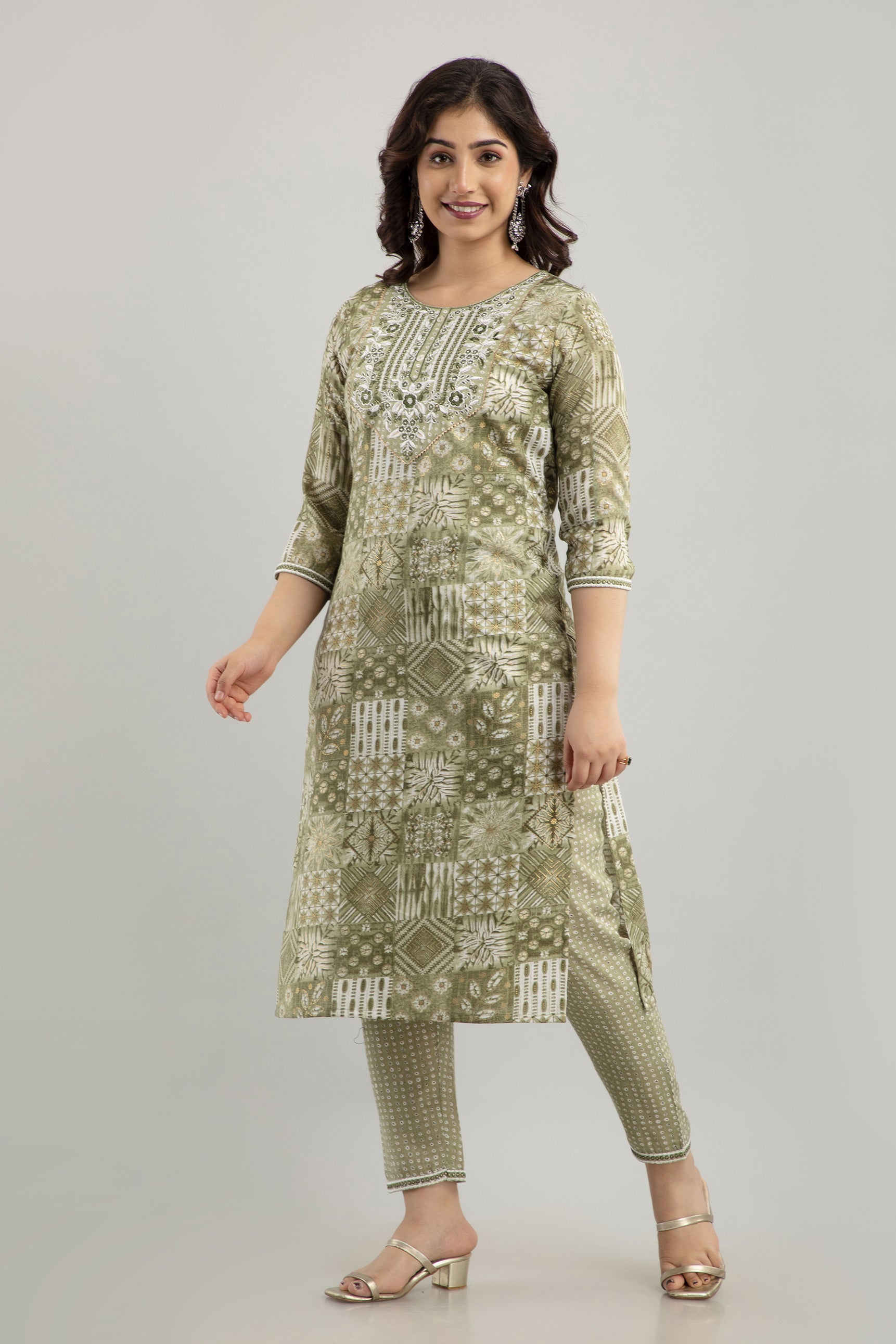 Women's Digital Print & Embroidered Cotton Blend Straight Kurta Pant & Dupatta Set (Green) - Charu