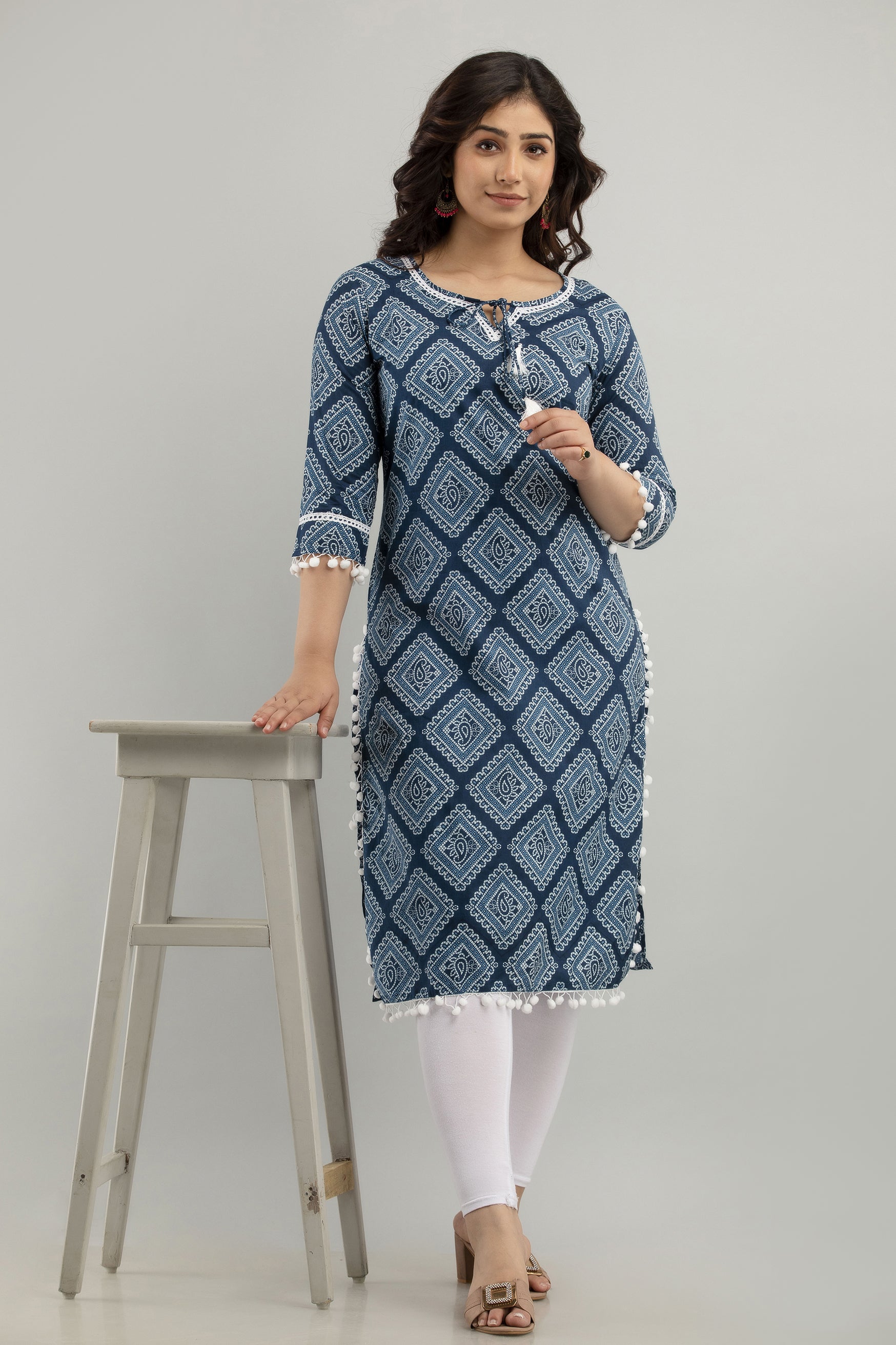 Women's Embroidered Pure Cotton Regular Kurta (Blue) - Charu