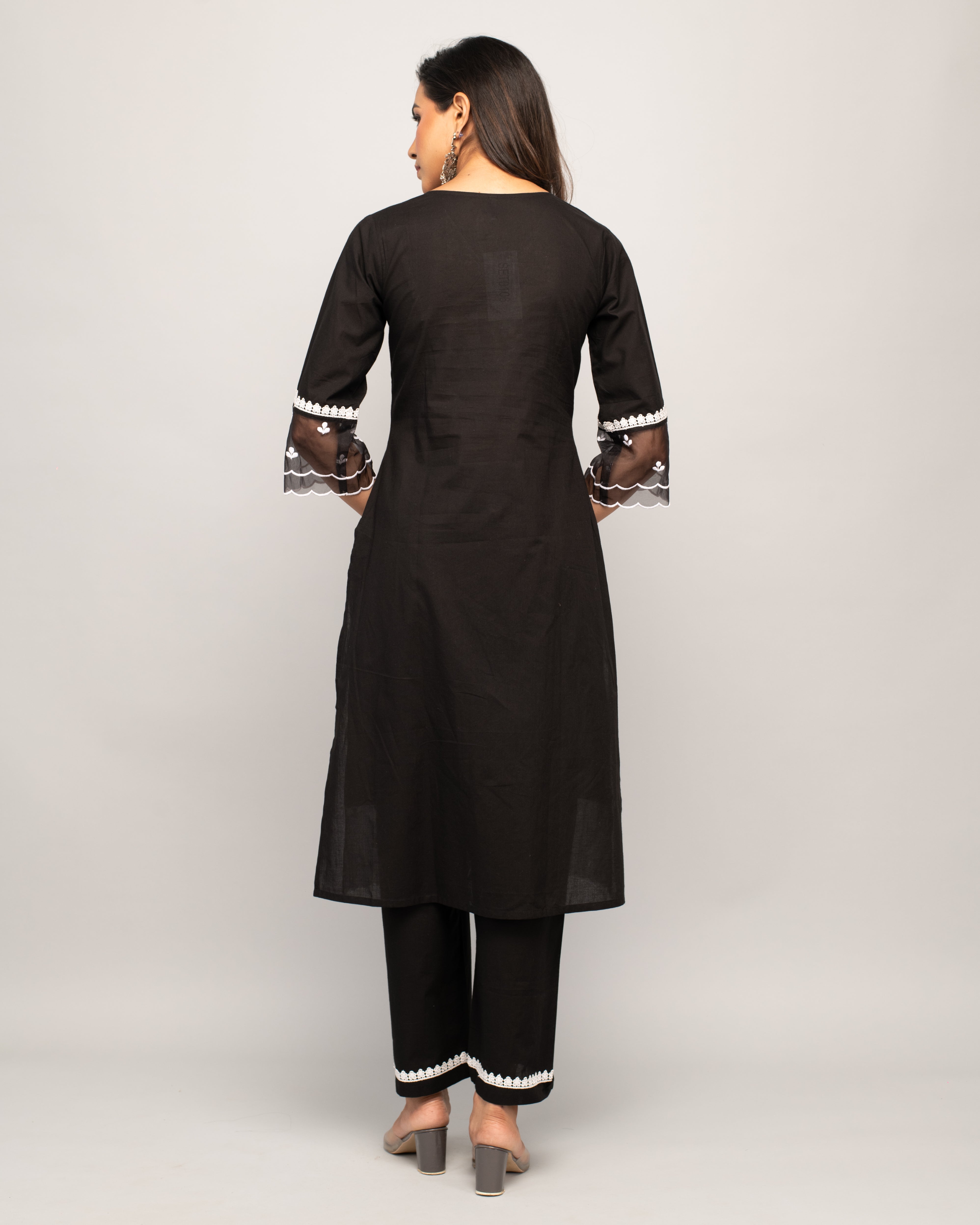 Women's Black Cotton Straight Kurta Palazzo Set - Fiorra