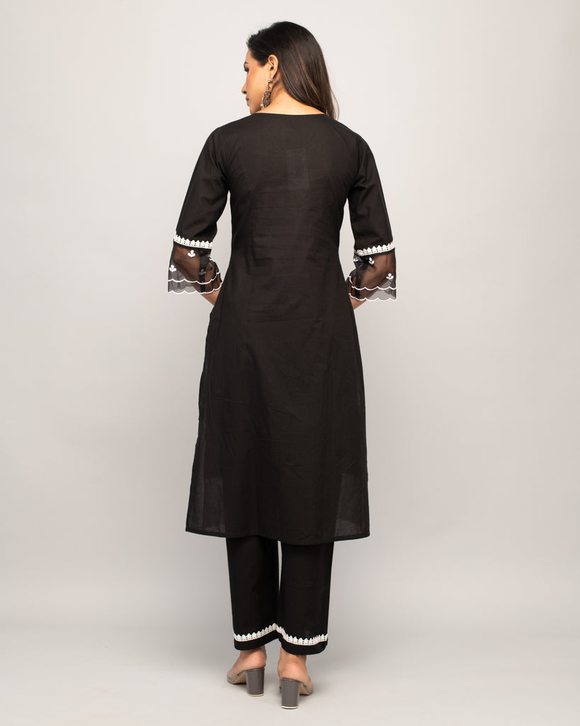 Women's Black Cotton Straight Kurta Palazzo Set
