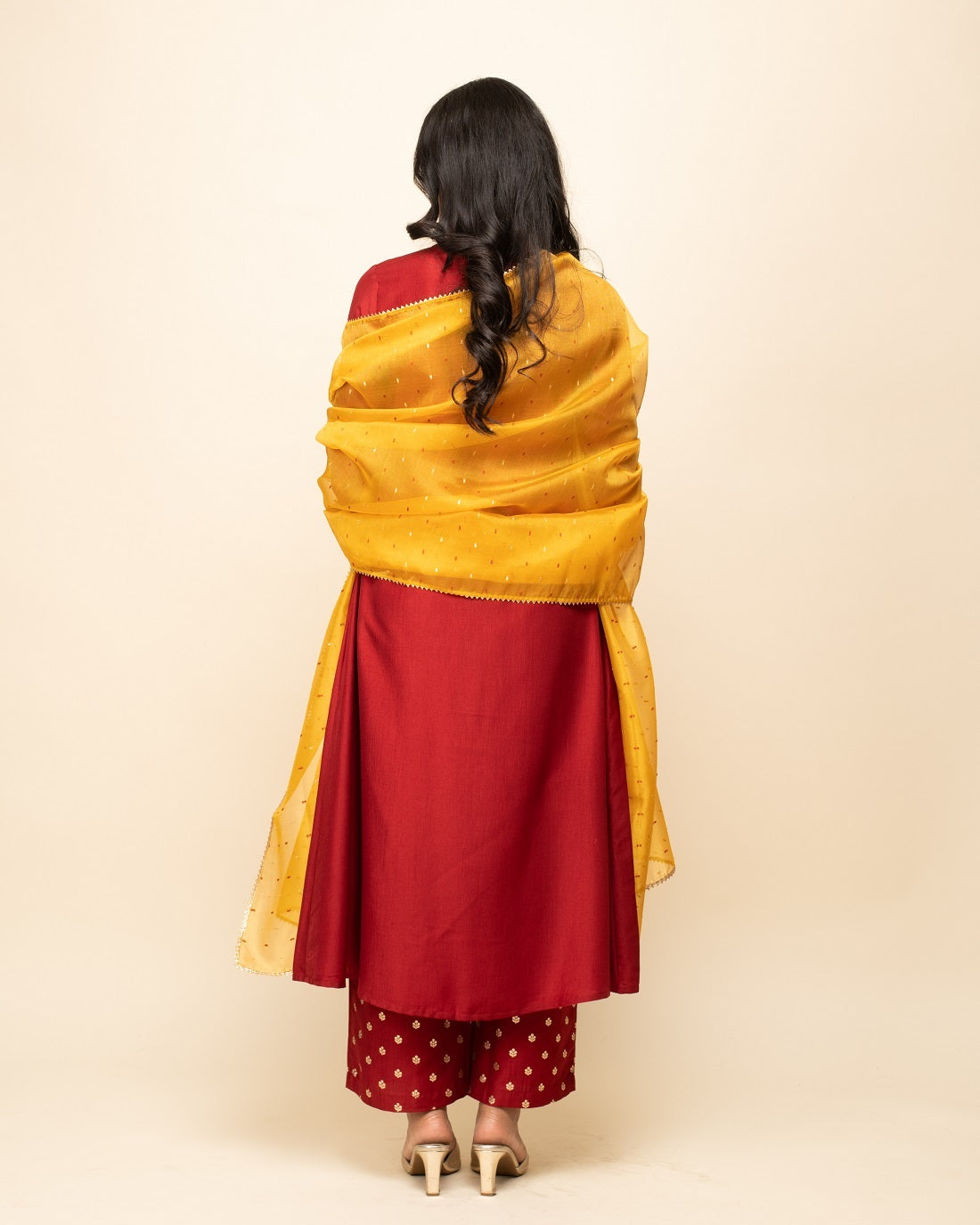Women's Red Silk Blend A-Line Kurta Palazzo Set with dupatta - Fiorra