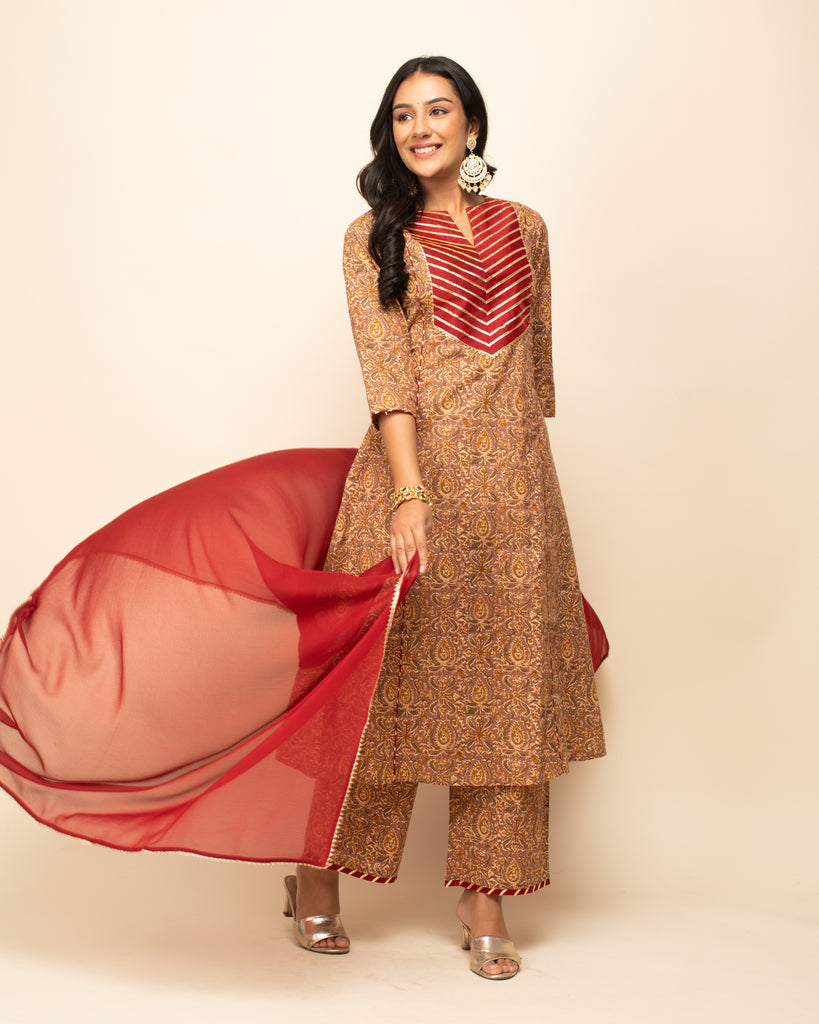 Women's Brown Cotton A-Line Kurta Pant With dupatta