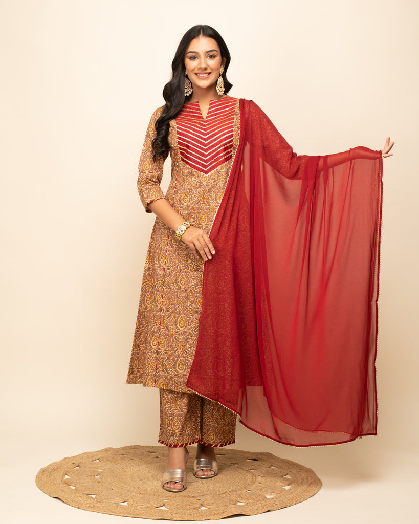 Women's Brown Cotton A-Line Kurta Pant With dupatta