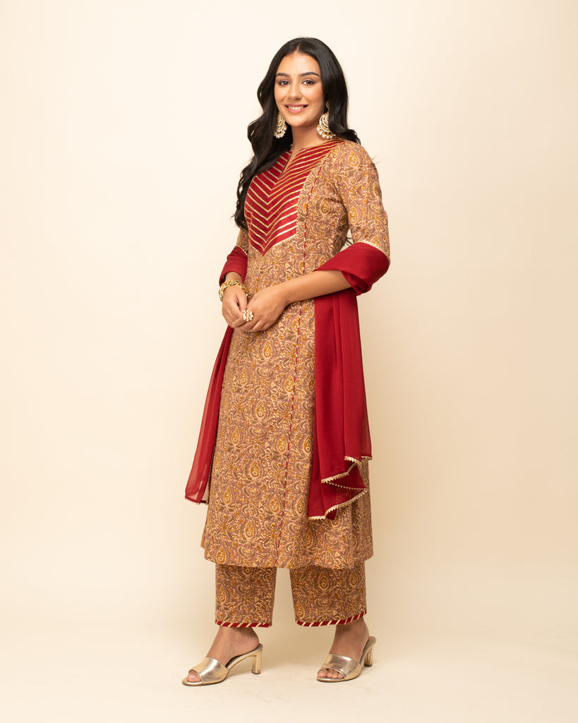 Women's Brown Cotton A-Line Kurta Pant With dupatta