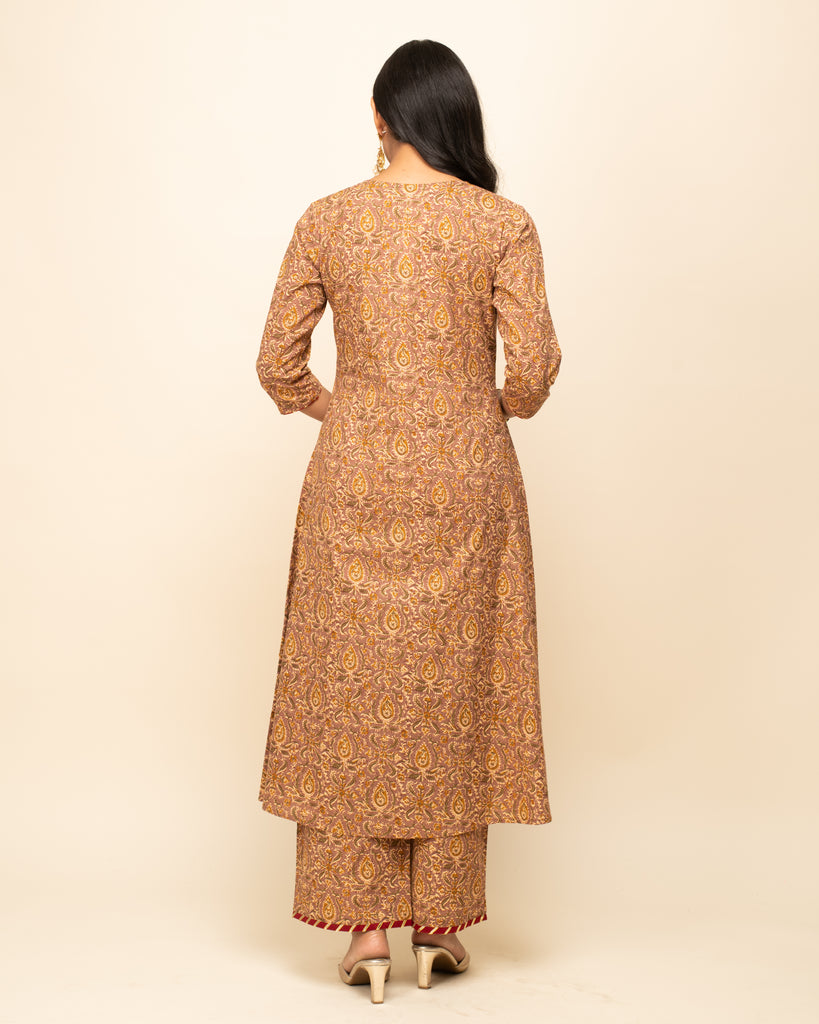 Women's Brown Cotton A-Line Kurta Pant With dupatta